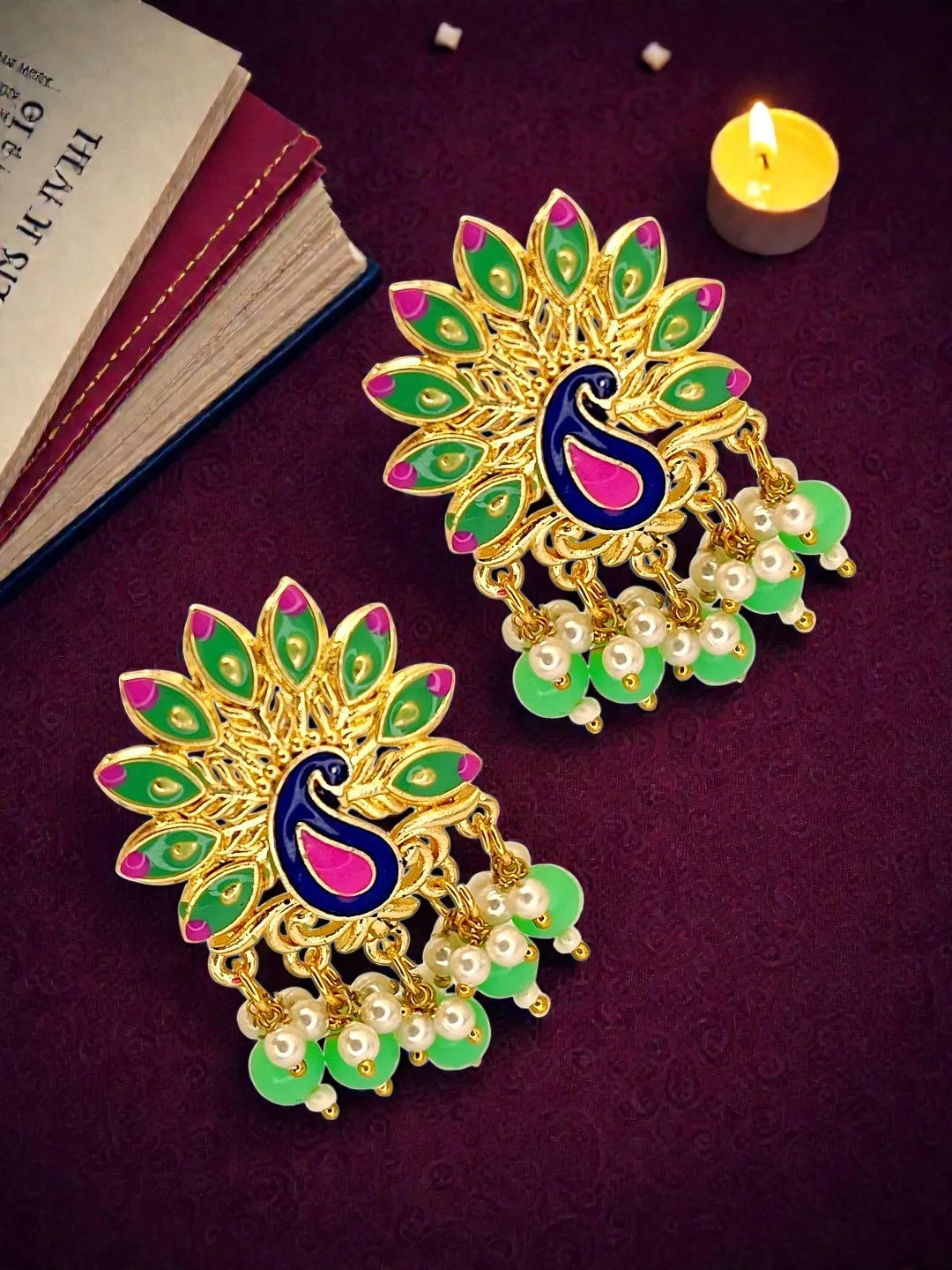 Gold Plated Peacock Lime Green Meenakari Drop Earrings