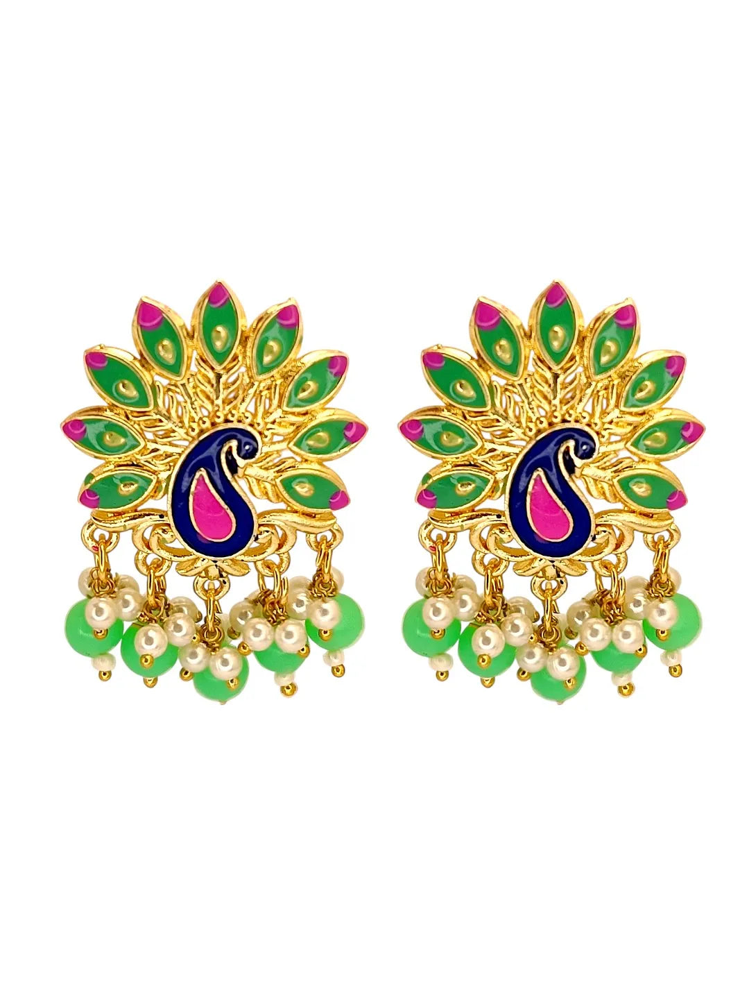 Gold Plated Peacock Lime Green Meenakari Drop Earrings