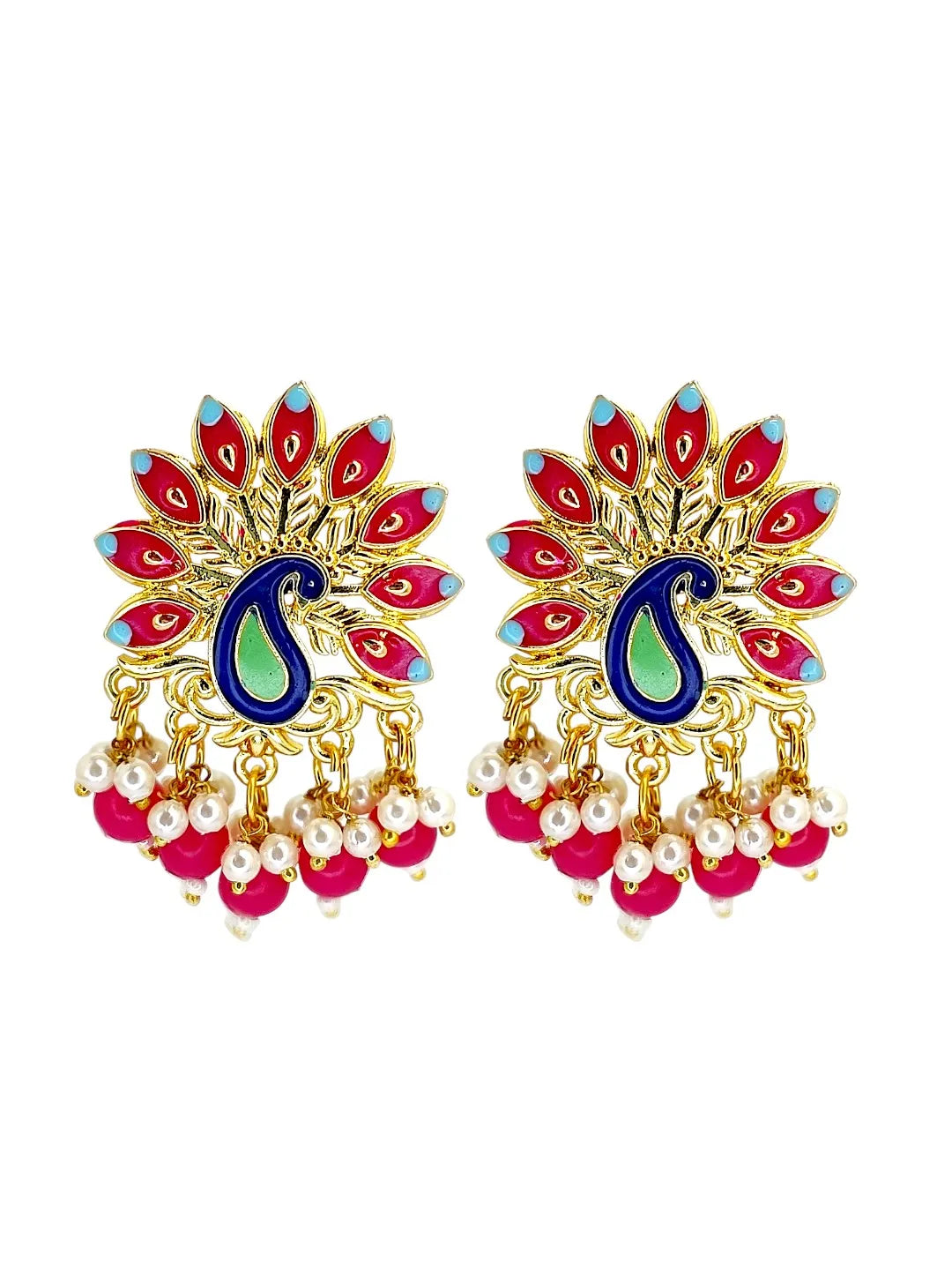 Gold Plated Peacock Magenta Meenakari Drop Earrings