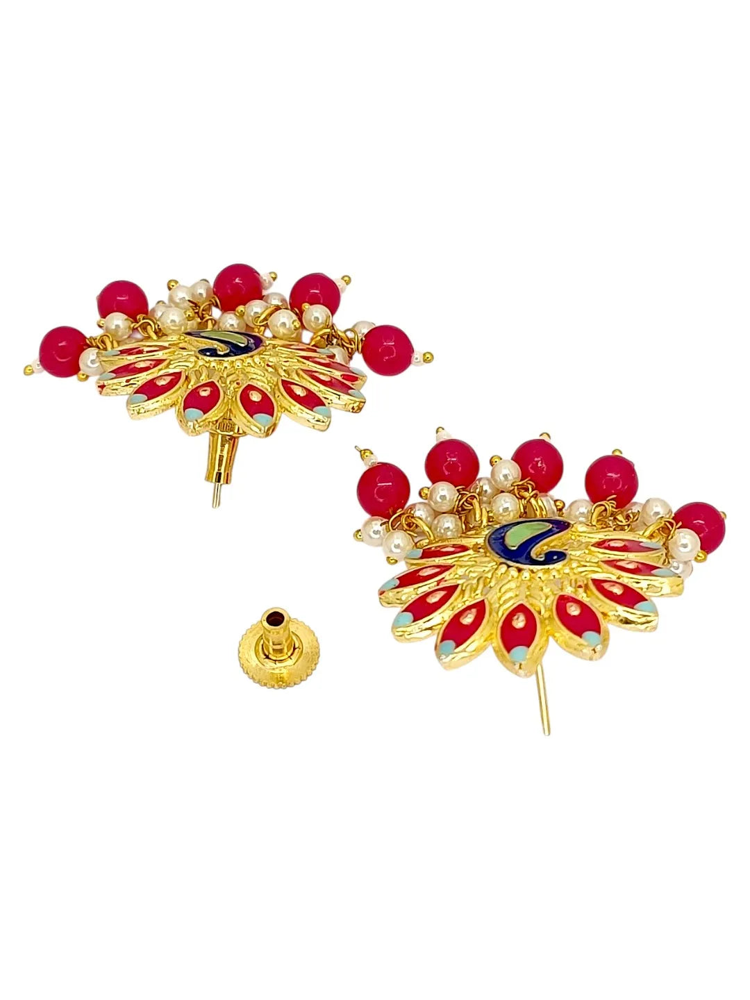 Gold Plated Peacock Magenta Meenakari Drop Earrings