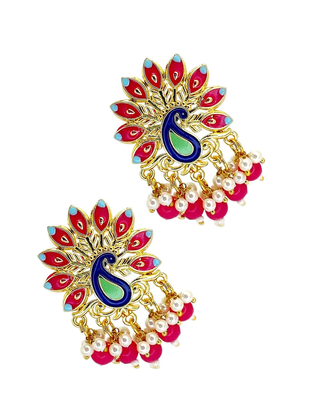 Gold Plated Peacock Magenta Meenakari Drop Earrings