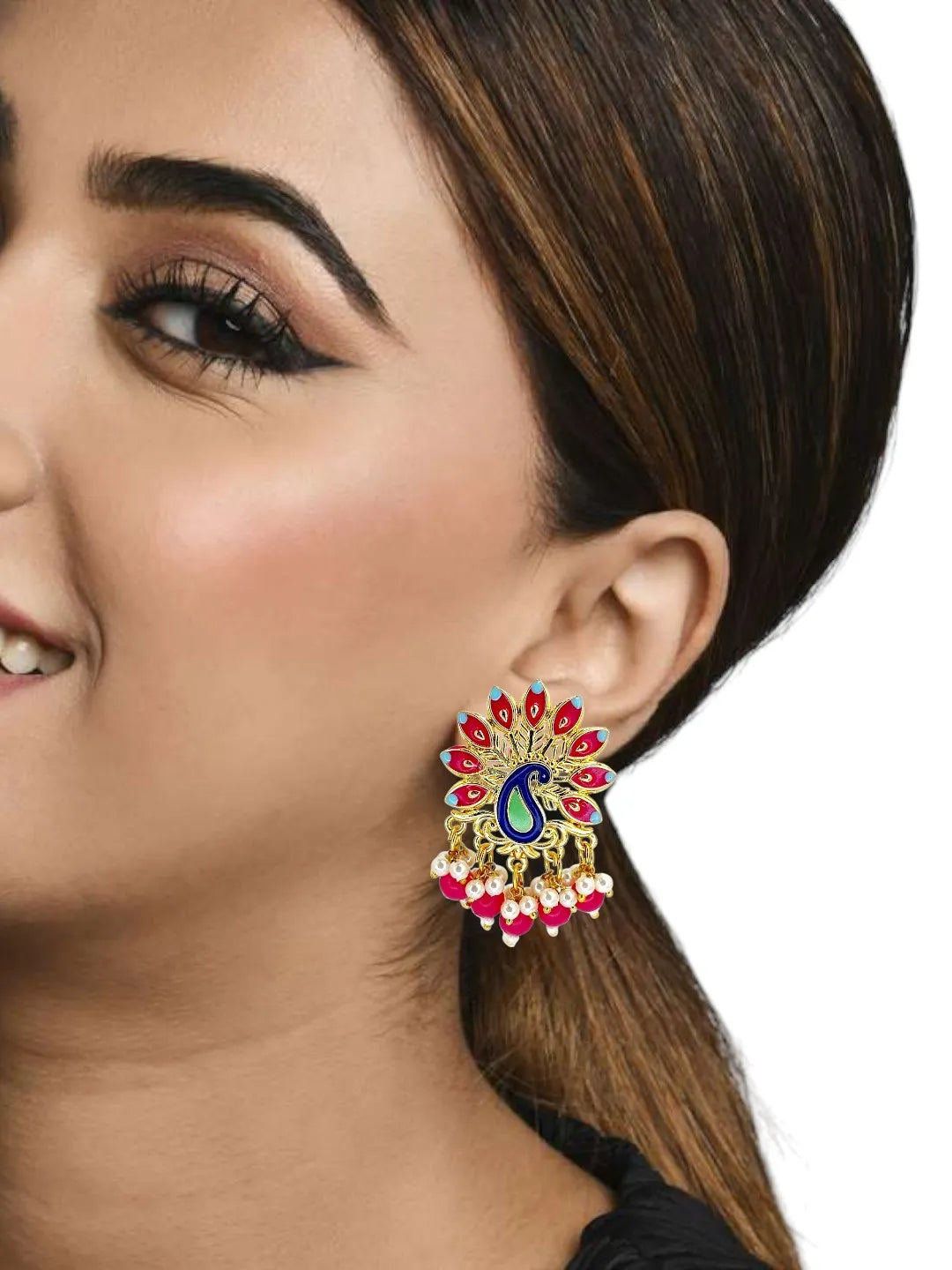 Gold Plated Peacock Magenta Meenakari Drop Earrings