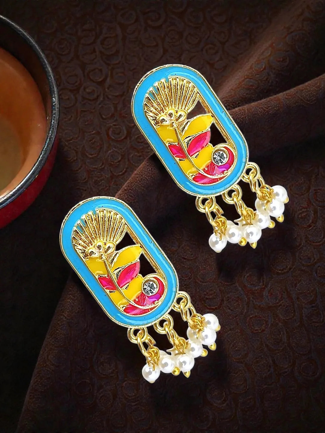 Gold Plated Turquoise Enamel Floral Elongated Drop Earrings