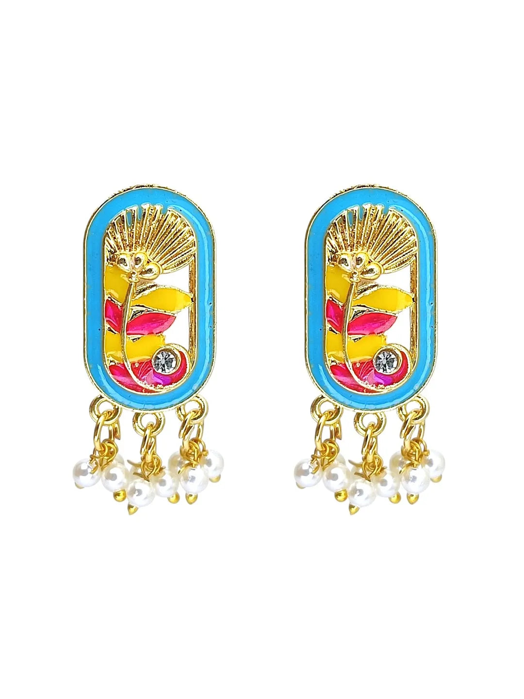 Gold Plated Turquoise Enamel Floral Elongated Drop Earrings