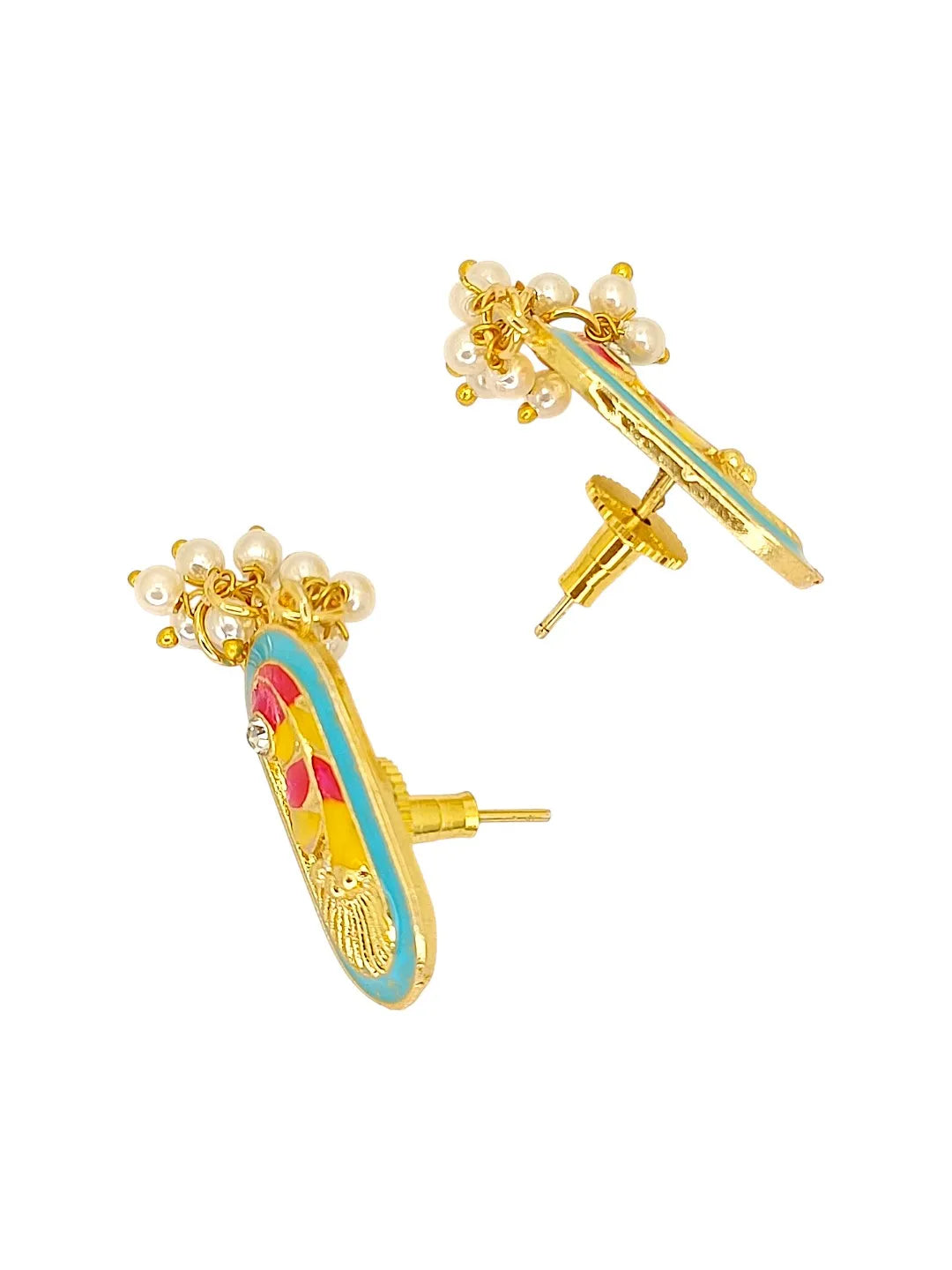 Gold Plated Turquoise Enamel Floral Elongated Drop Earrings