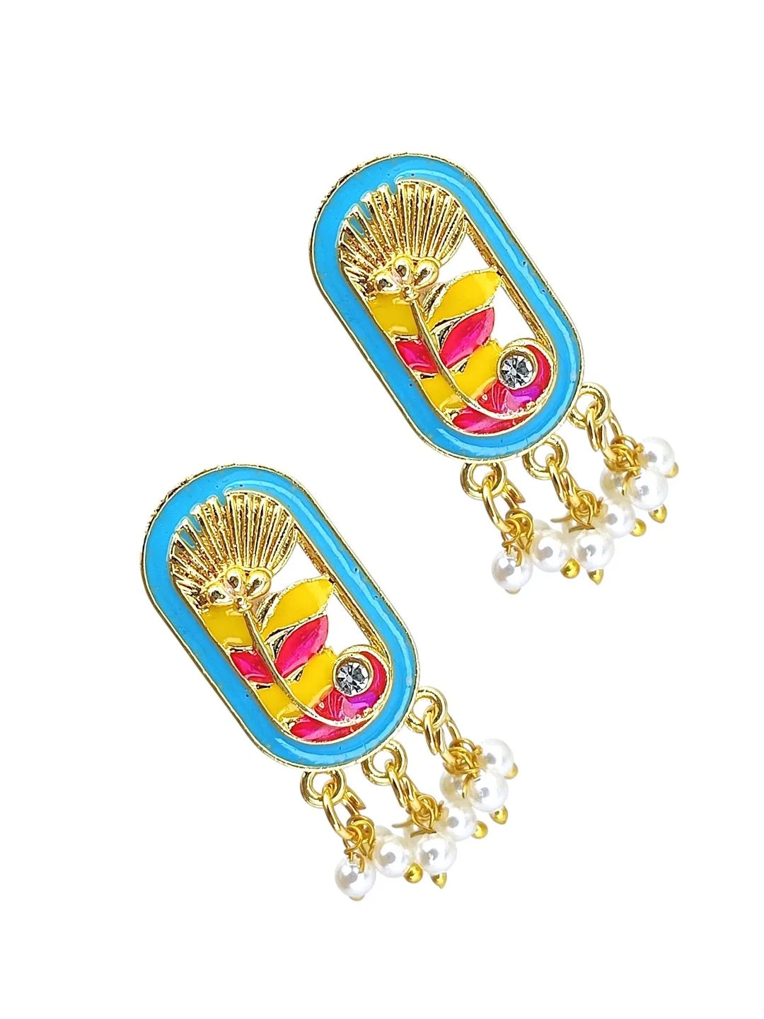 Gold Plated Turquoise Enamel Floral Elongated Drop Earrings
