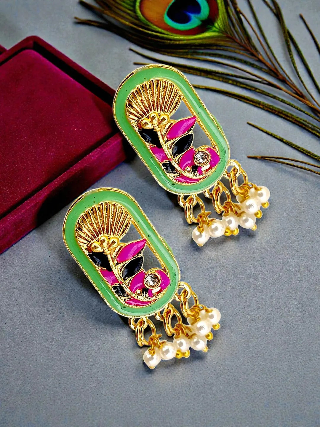 Gold Plated Lime Green Enamel Floral Elongated Drop Earrings