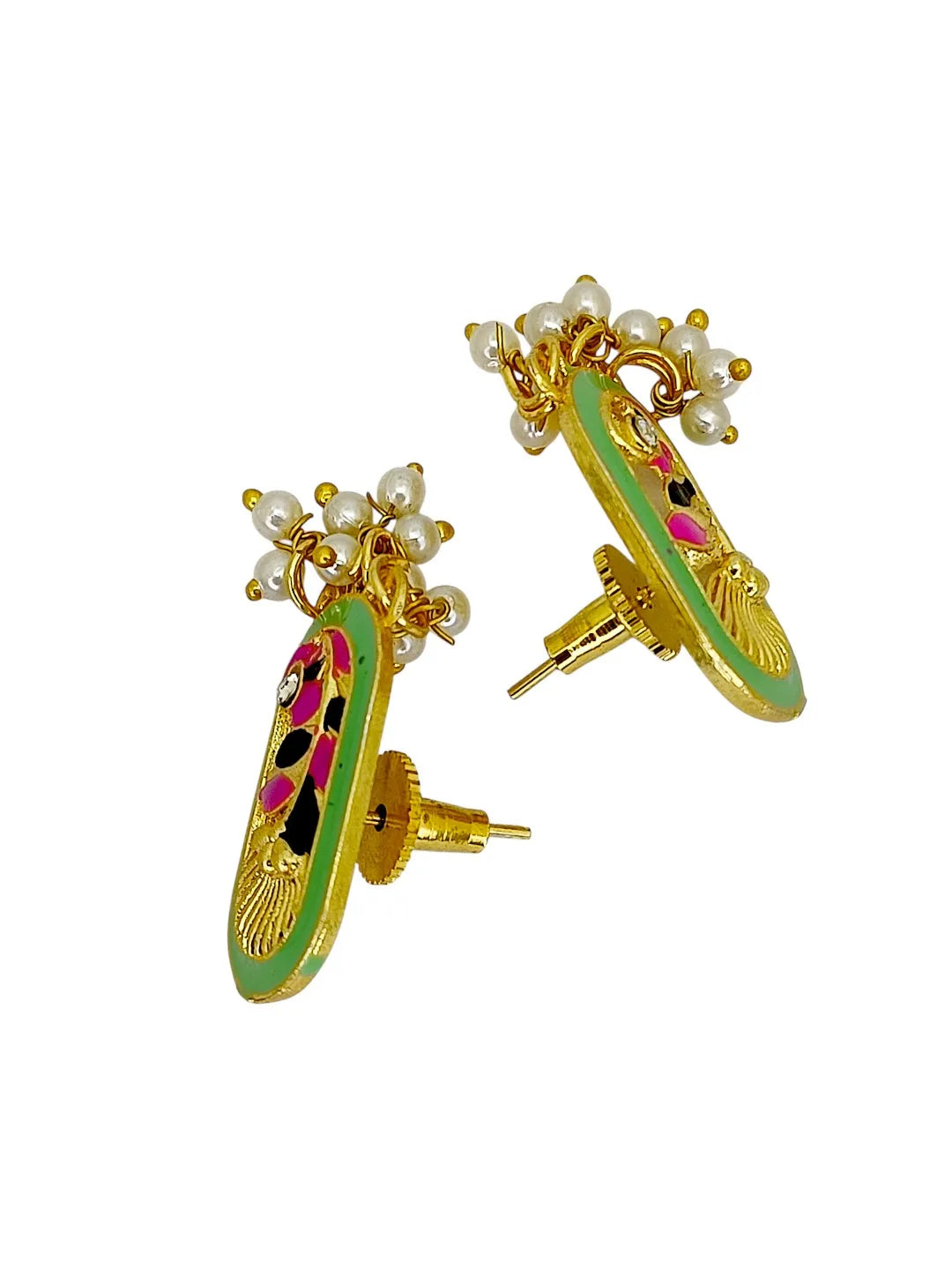 Gold Plated Lime Green Enamel Floral Elongated Drop Earrings