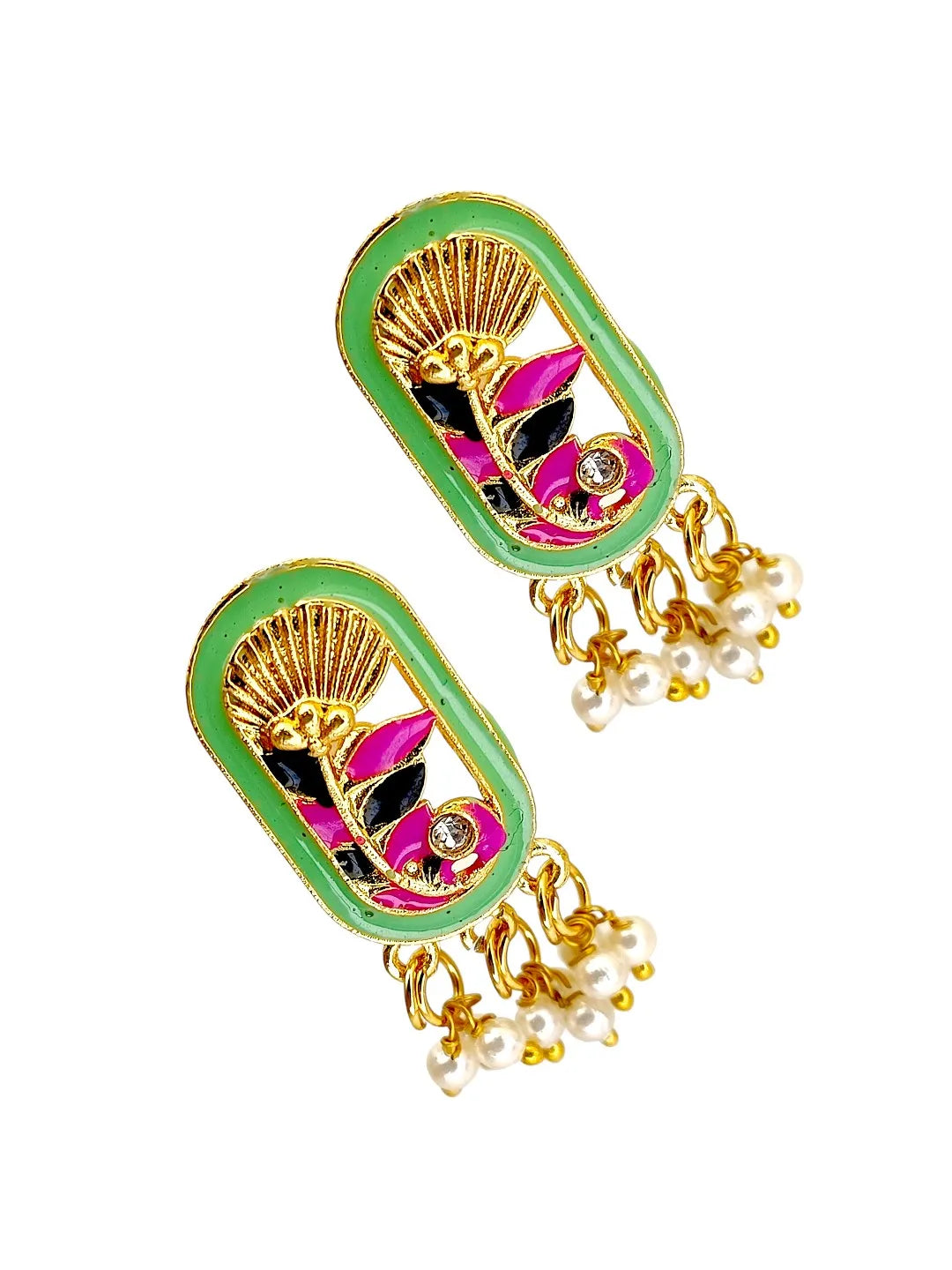 Gold Plated Lime Green Enamel Floral Elongated Drop Earrings