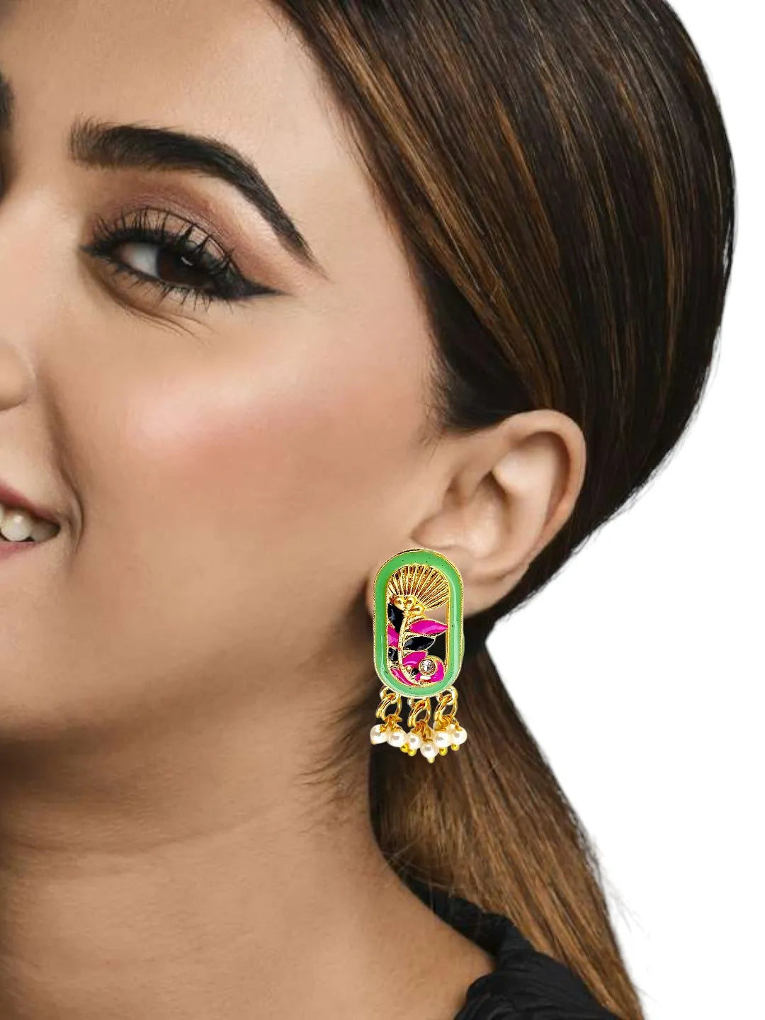 Gold Plated Lime Green Enamel Floral Elongated Drop Earrings
