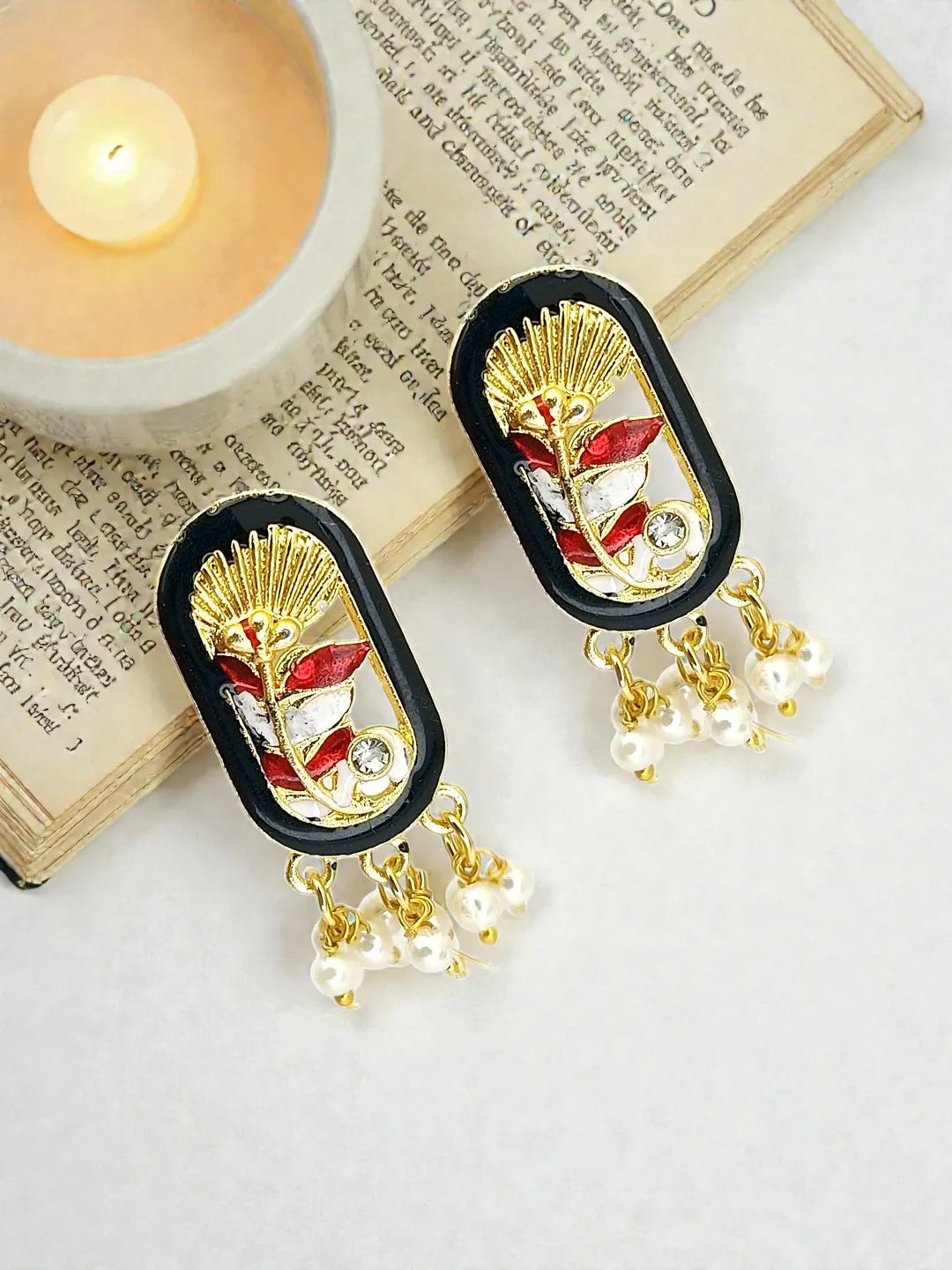 Gold Plated Black Enamel Floral Elongated Drop Earrings