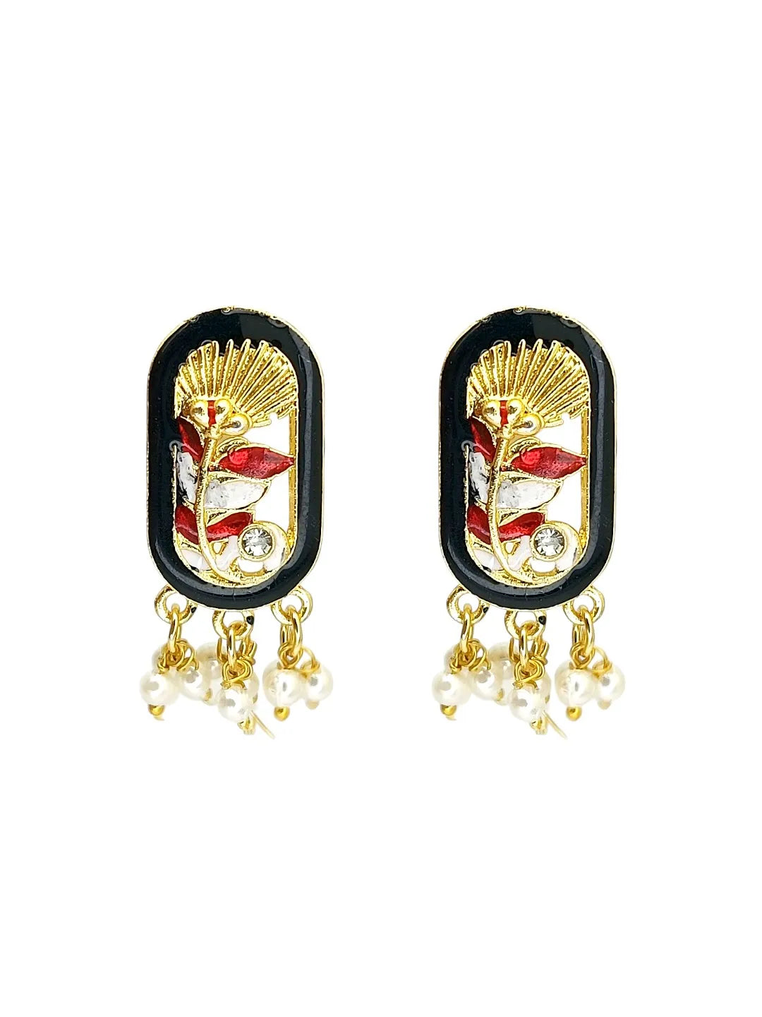 Gold Plated Black Enamel Floral Elongated Drop Earrings