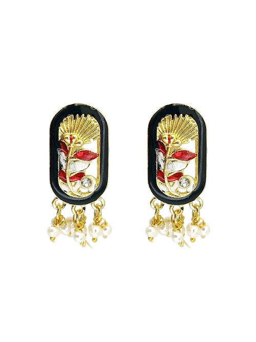 Gold Plated Black Enamel Floral Elongated Drop Earrings