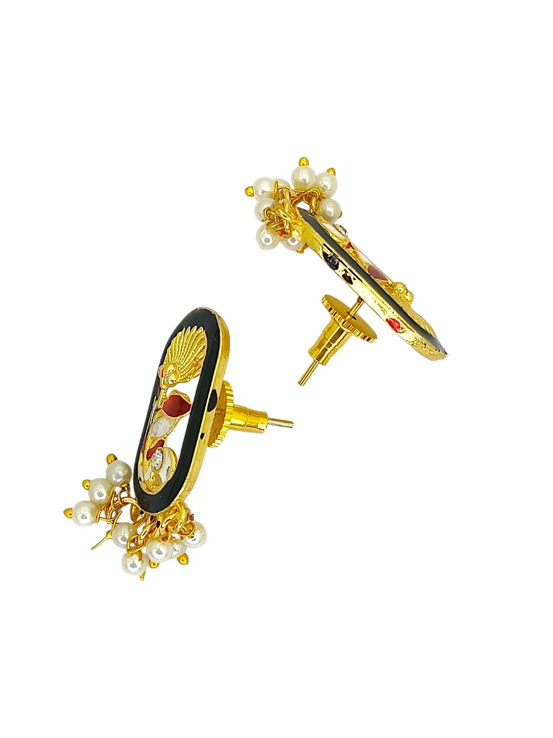 Gold Plated Black Enamel Floral Elongated Drop Earrings