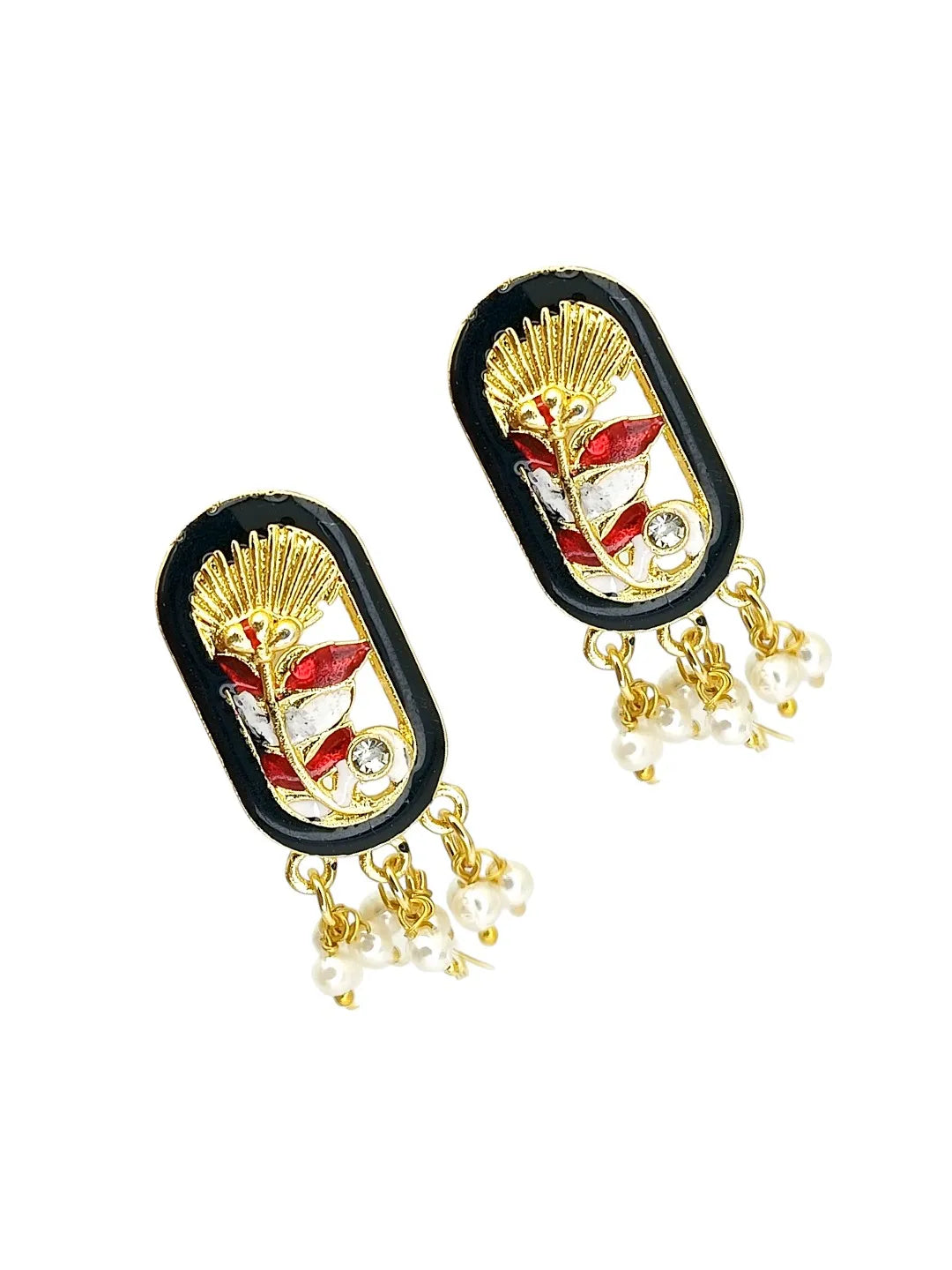 Gold Plated Black Enamel Floral Elongated Drop Earrings