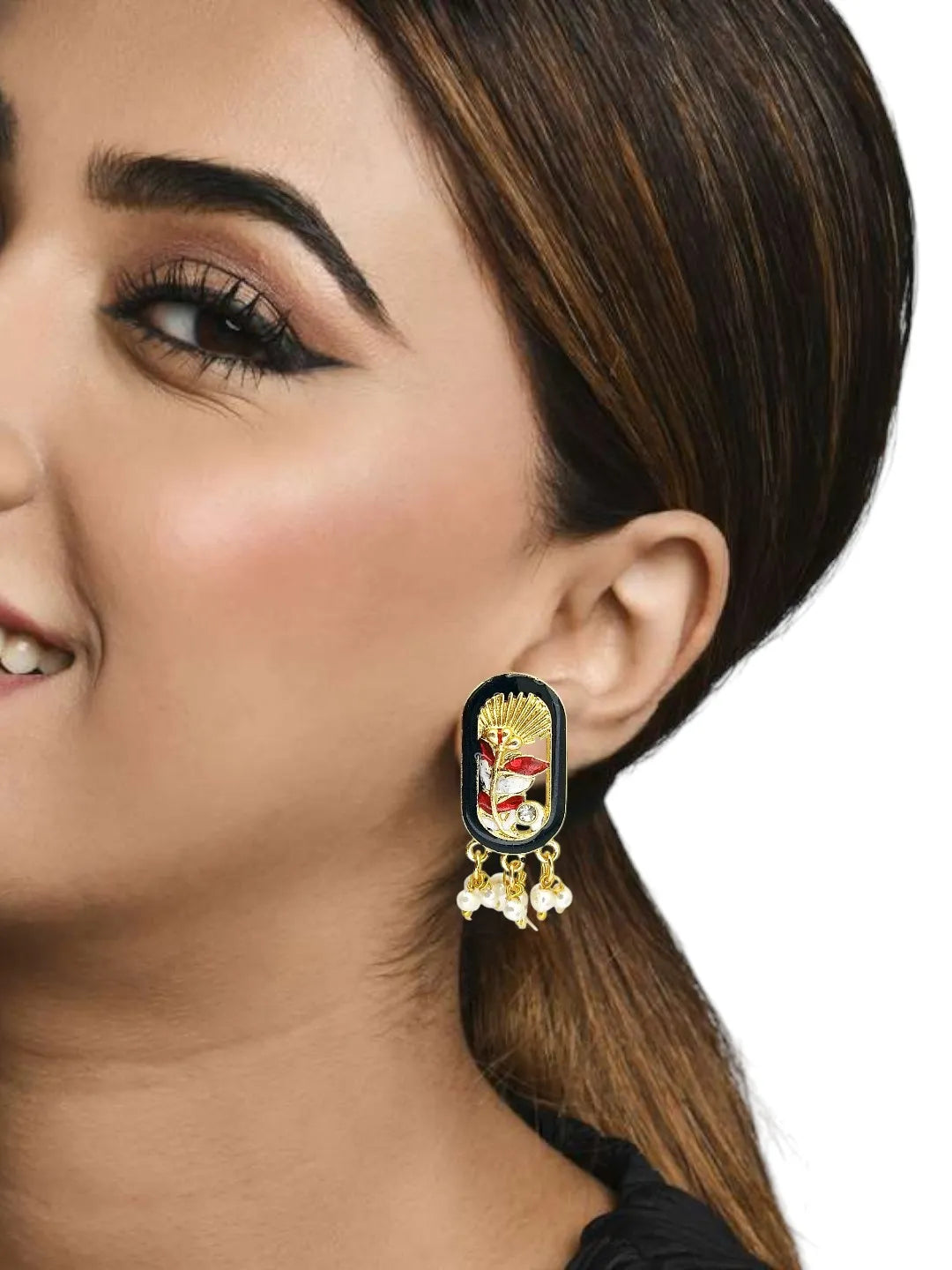 Gold Plated Black Enamel Floral Elongated Drop Earrings
