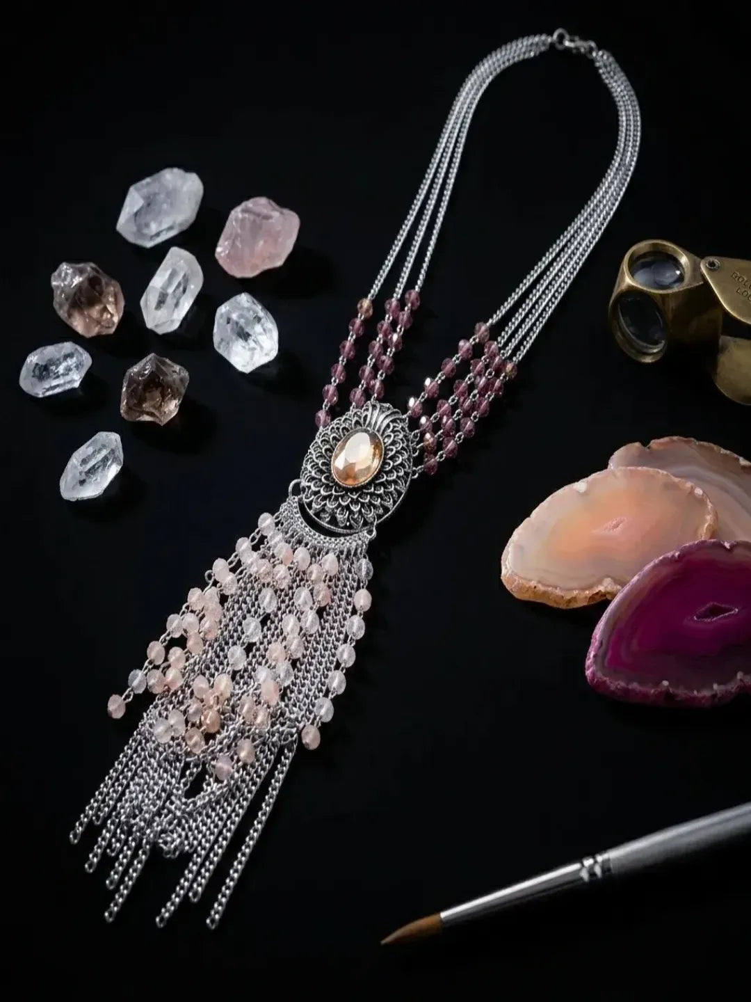 Silver-Tone Multi-Strand Necklace Oval Crystal Pendant Women & Girls