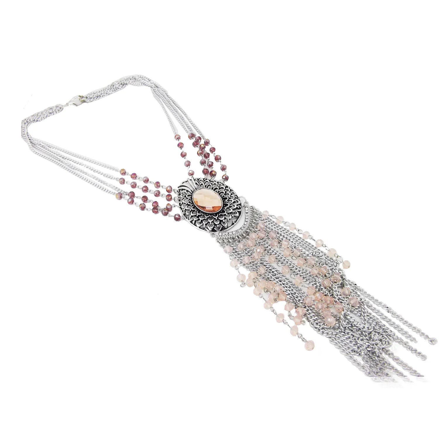 Silver-Tone Multi-Strand Necklace Oval Crystal Pendant Women & Girls