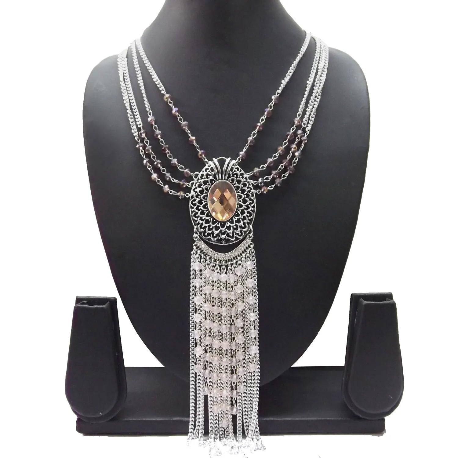 Silver-Tone Multi-Strand Necklace Oval Crystal Pendant Women & Girls