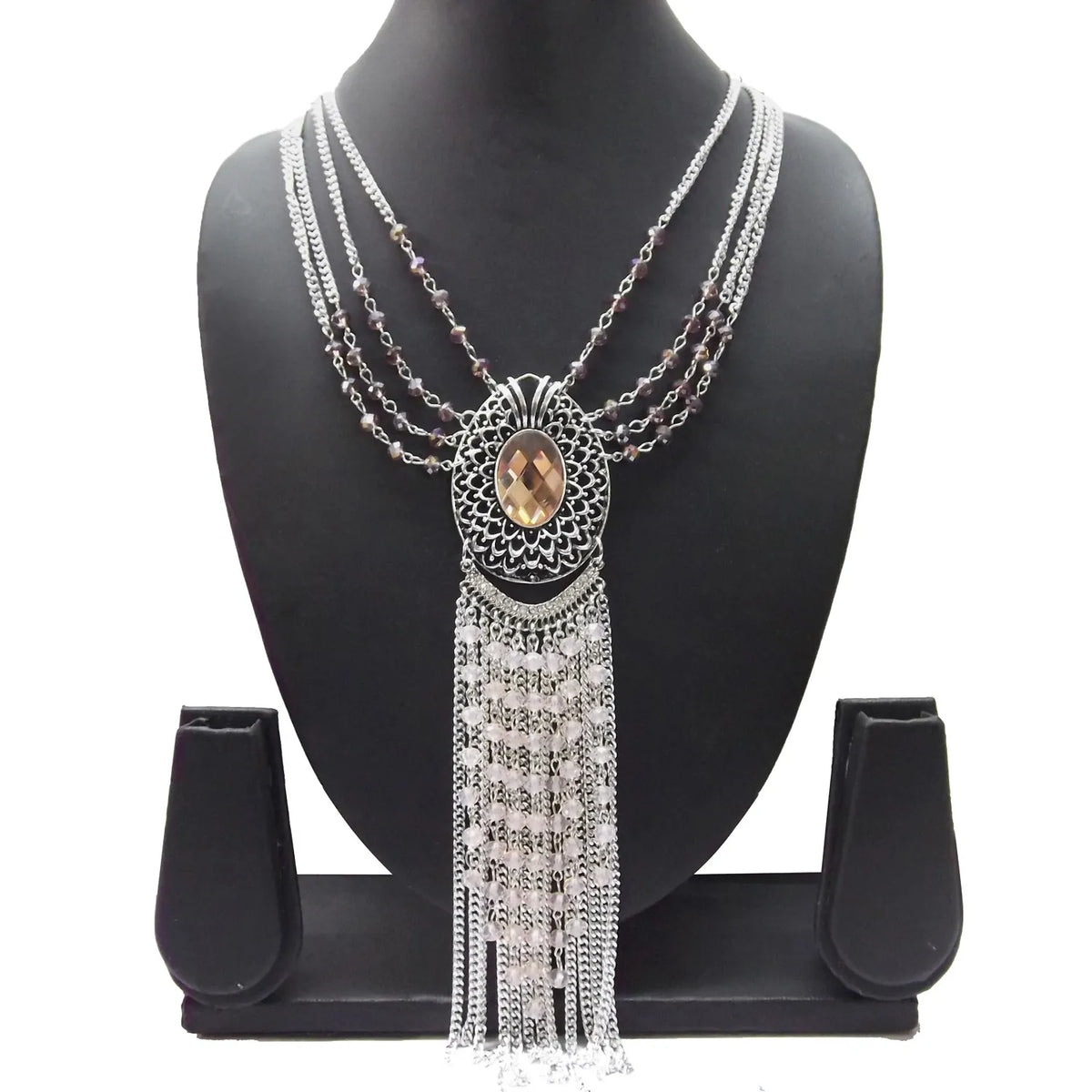 Silver-Tone Multi-Strand Necklace Oval Crystal Pendant Women & Girls