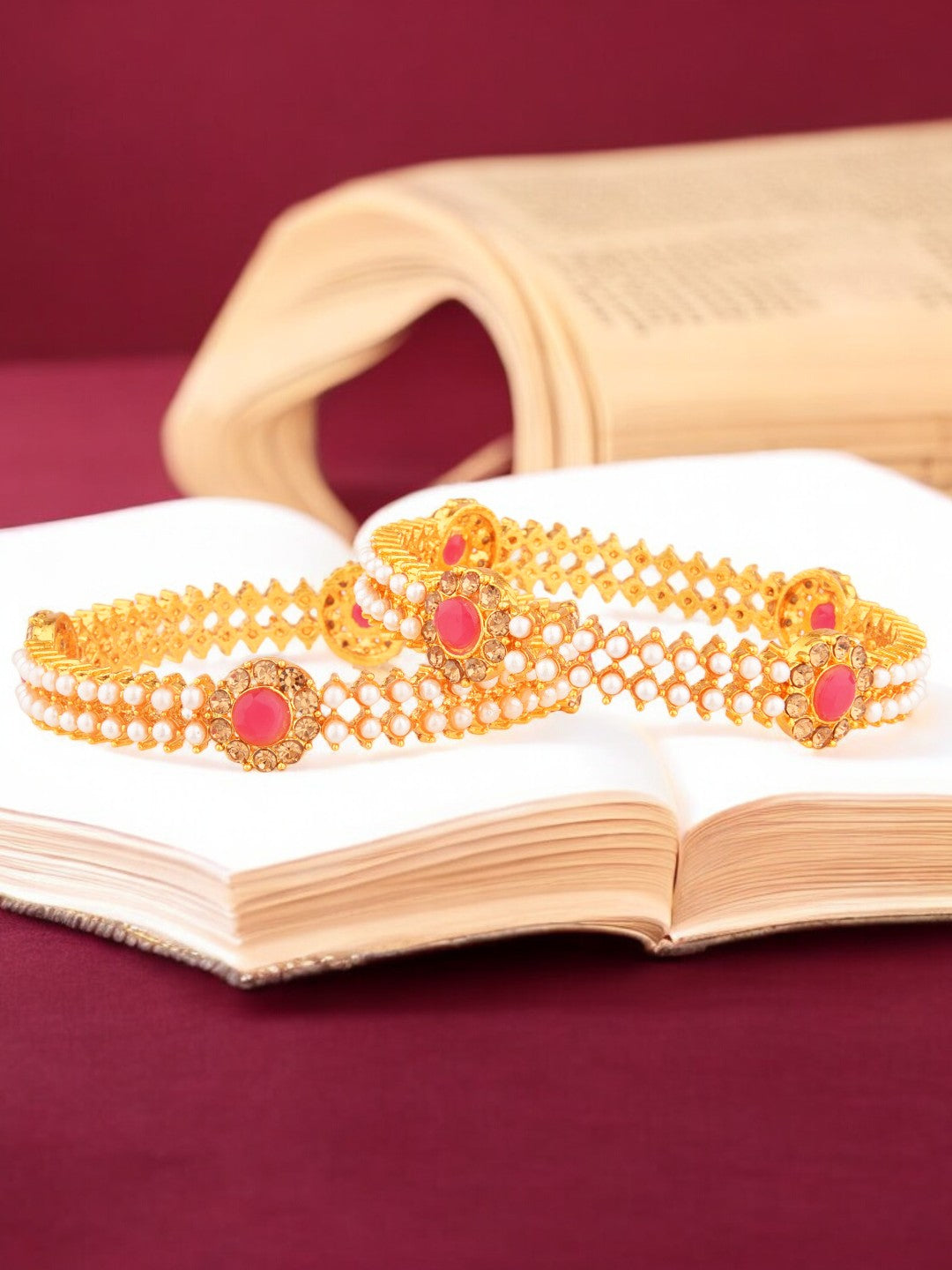 Gold Plated Ruby Pearl 2 pcs Kada Bangle