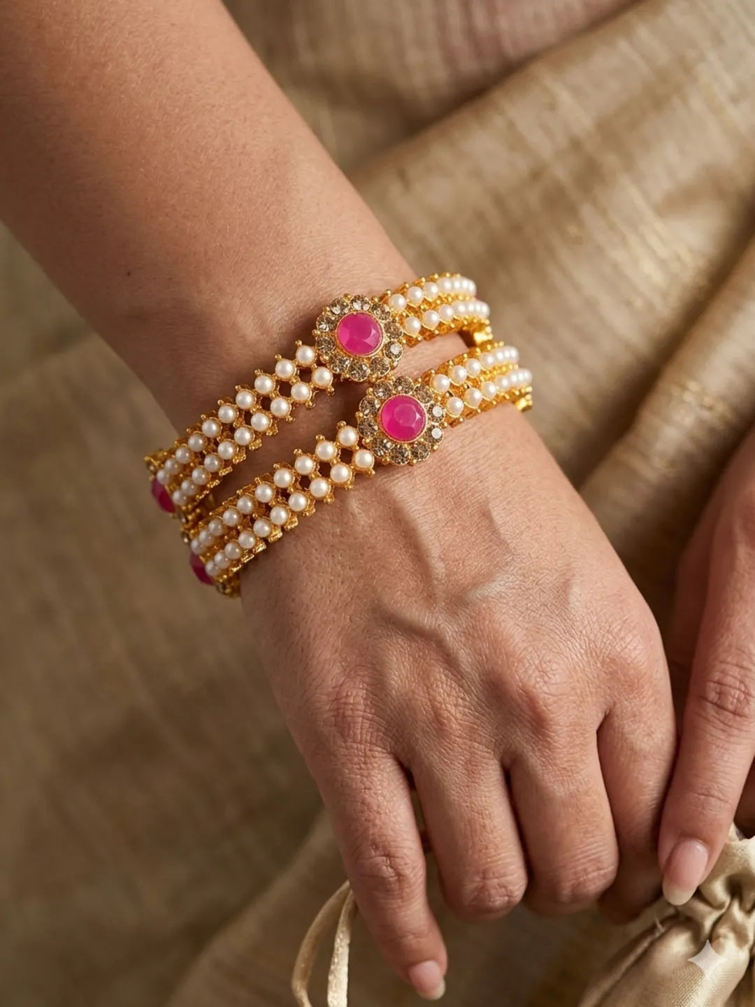Gold Plated Ruby Pearl 2 pcs Kada Bangle