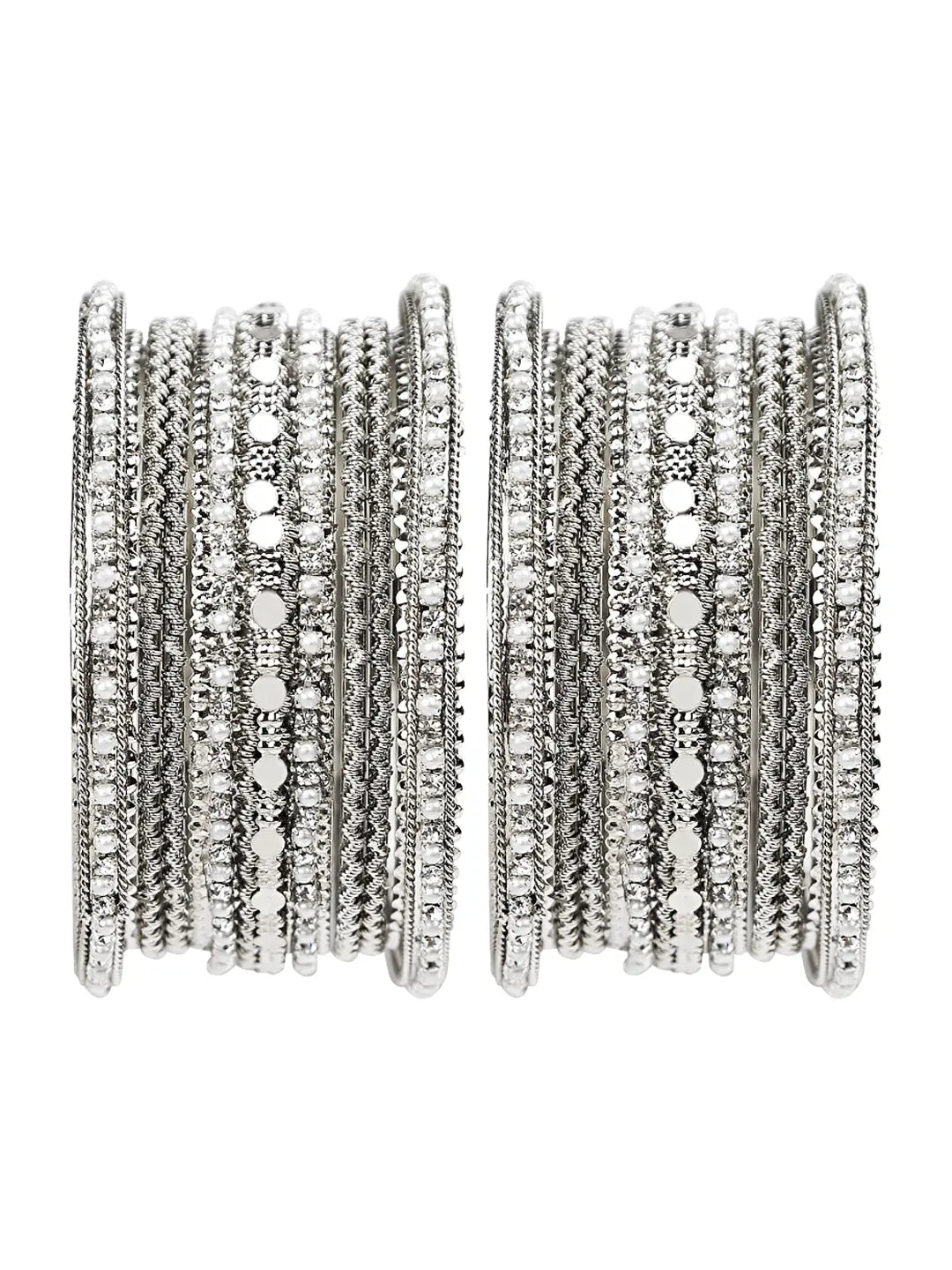 Silver Oxidized Pearl 14Pc Chuda Bangle Set