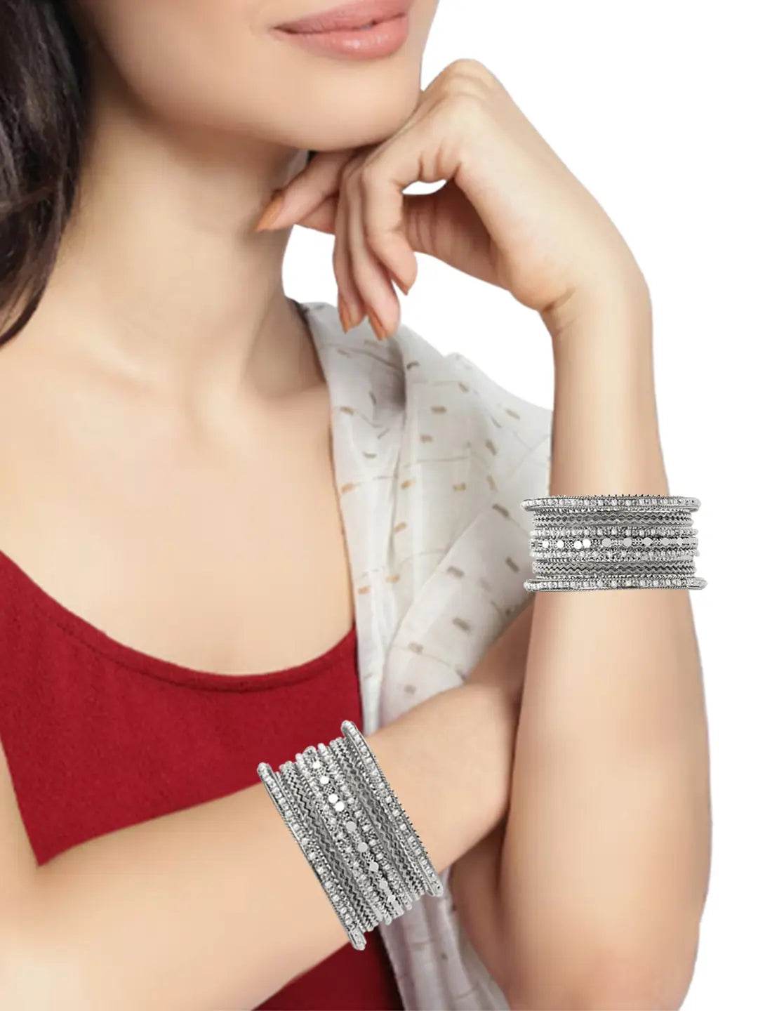 Silver Oxidized Pearl 14Pc Chuda Bangle Set