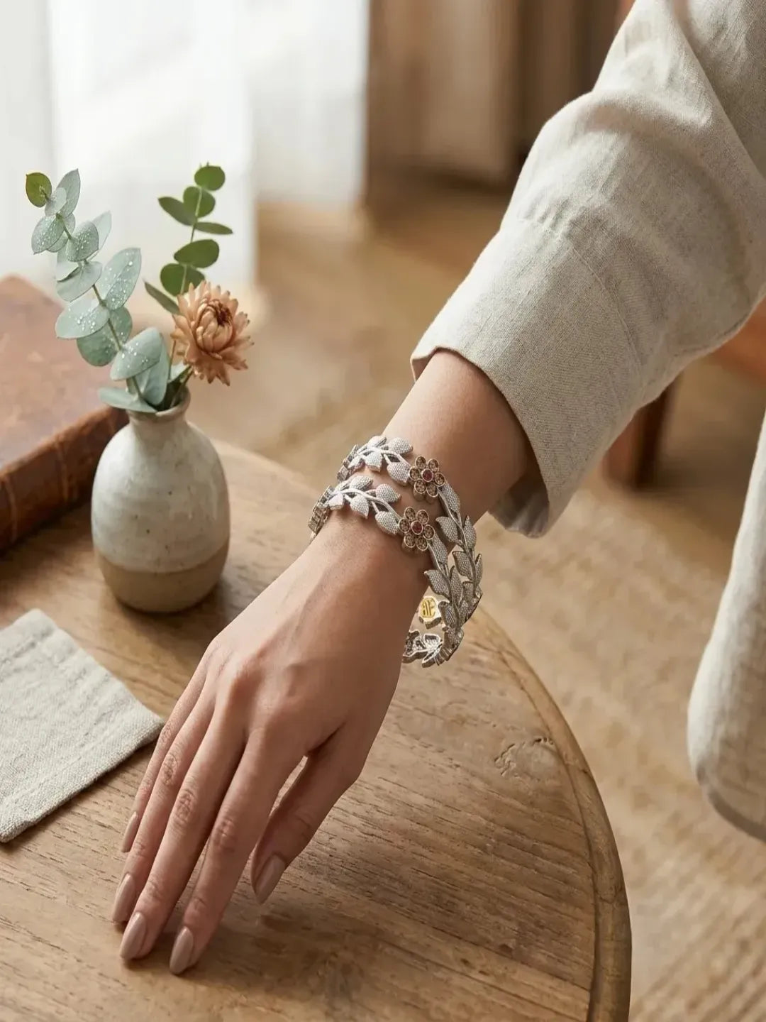 Silver Oxidized Lct Studded 2 pc Bangles Set