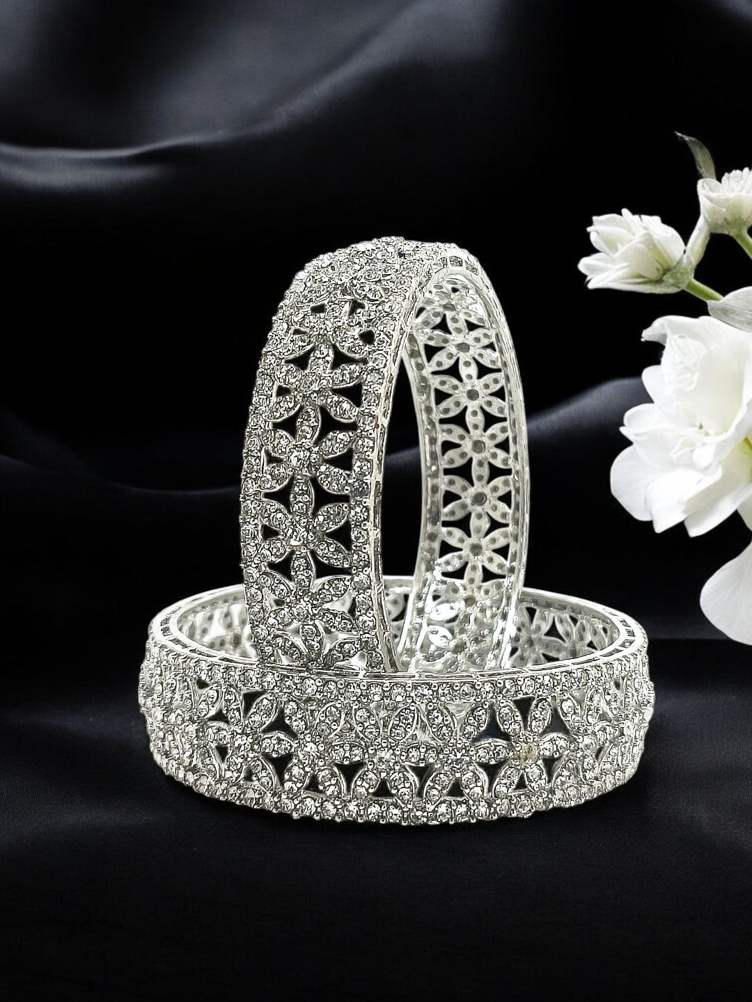 Set Of 2 Silver Plated Cubic Zircon Broad Bangle Set