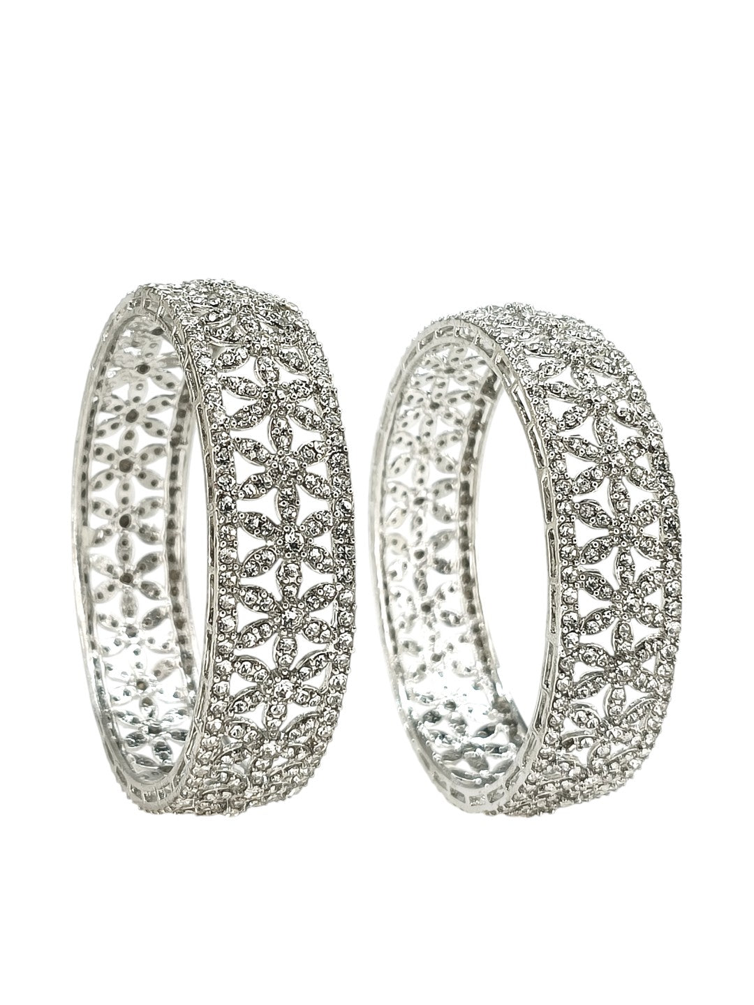 Set Of 2 Silver Plated Cubic Zircon Broad Bangle Set