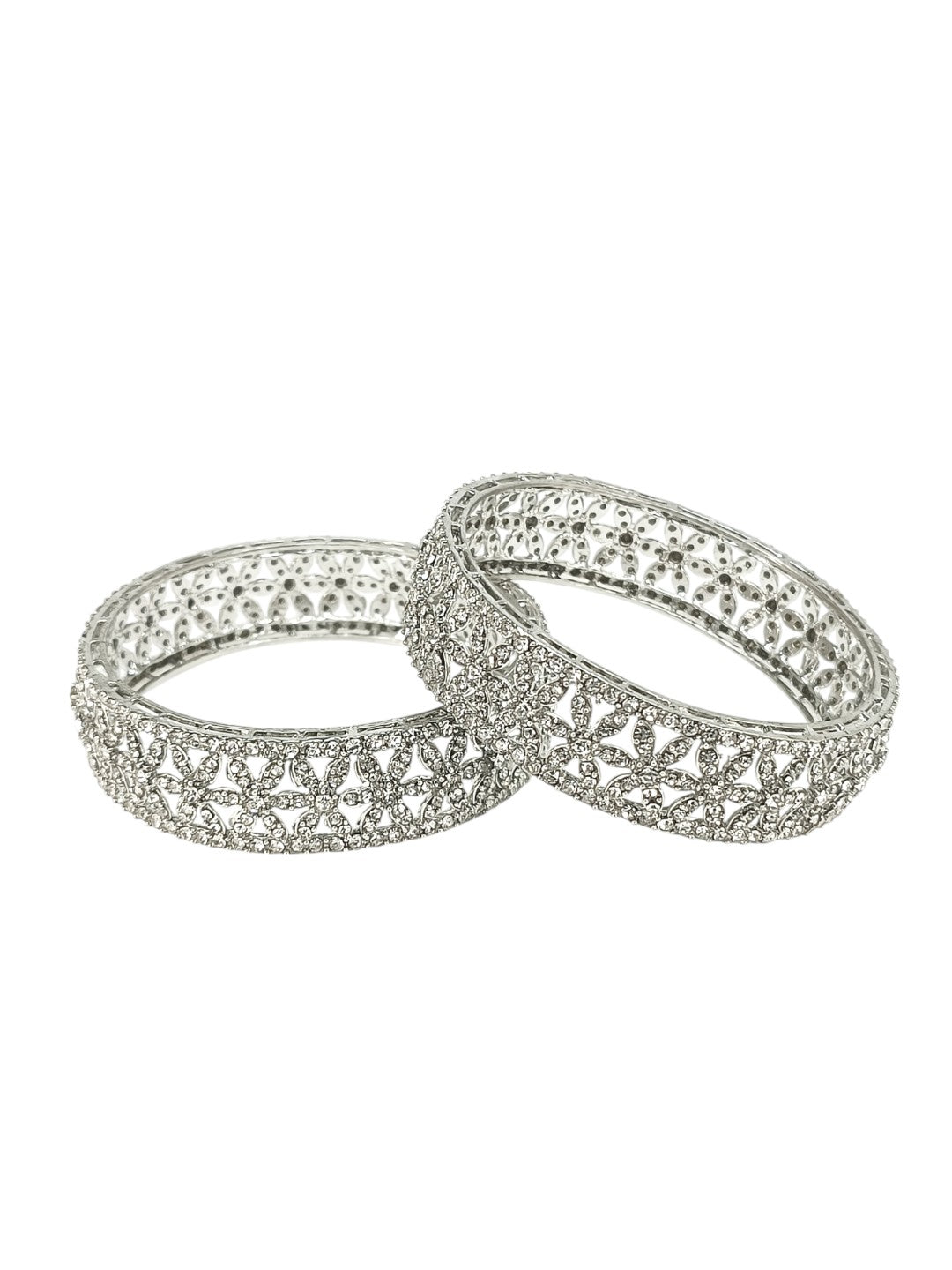 Set Of 2 Silver Plated Cubic Zircon Broad Bangle Set