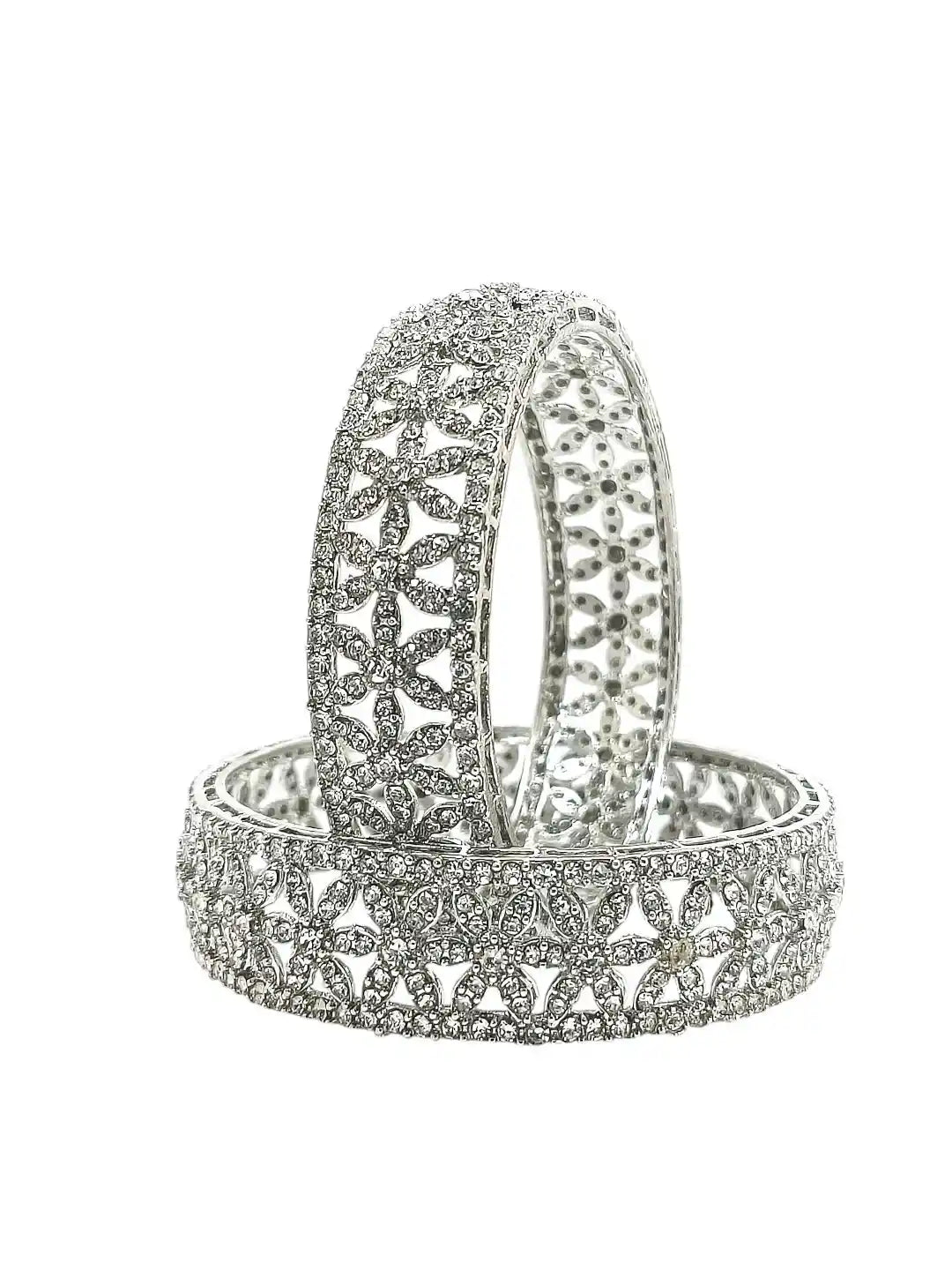 Set Of 2 Silver Plated Cubic Zircon Broad Bangle Set
