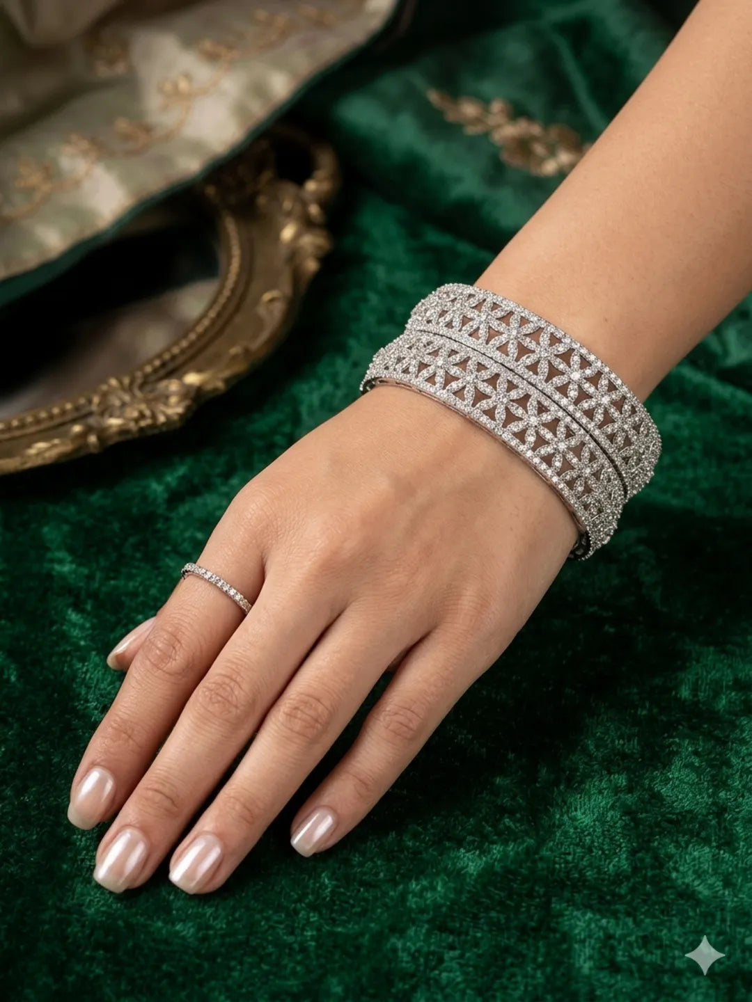 Set Of 2 Silver Plated Cubic Zircon Broad Bangle Set