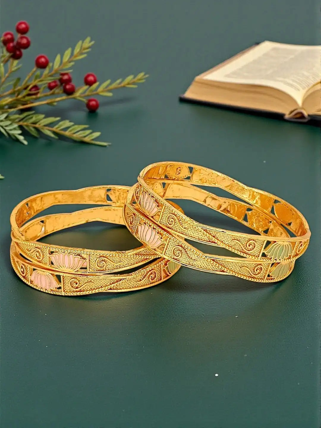 Gold Plated Enamelled Lotus Motif Bangles Set (Pack of 4)