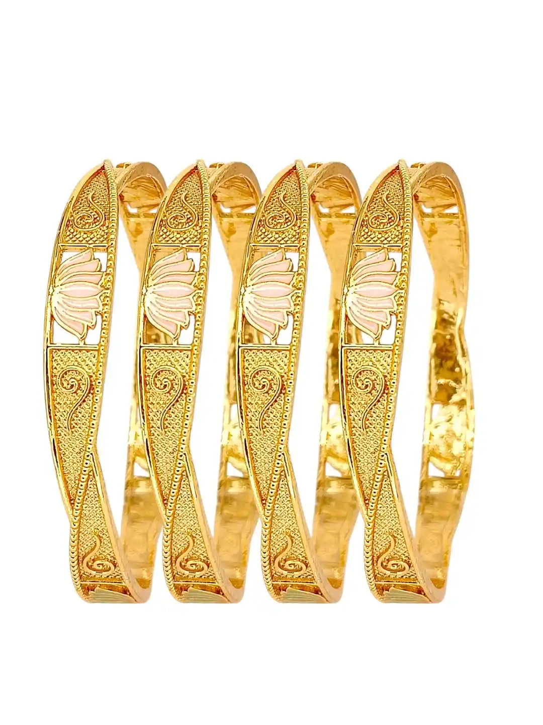 Gold Plated Enamelled Lotus Motif Bangles Set (Pack of 4)