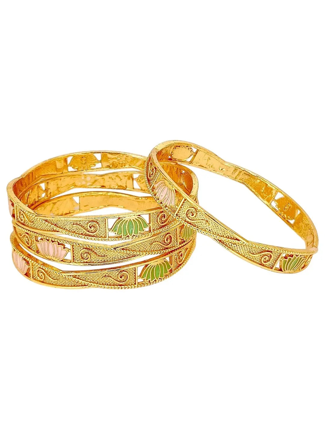 Gold Plated Enamelled Lotus Motif Bangles Set (Pack of 4)