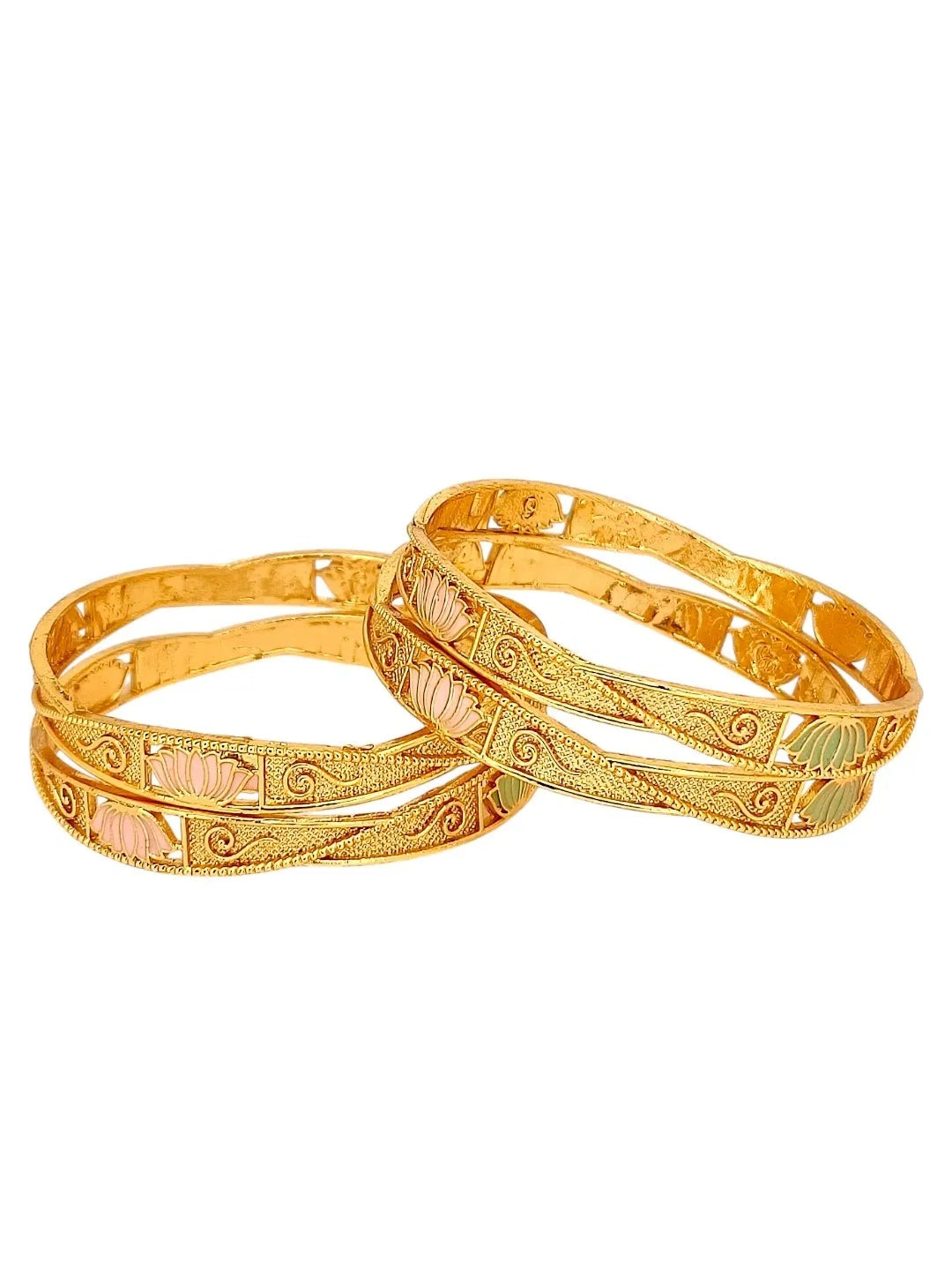 Gold Plated Enamelled Lotus Motif Bangles Set (Pack of 4)