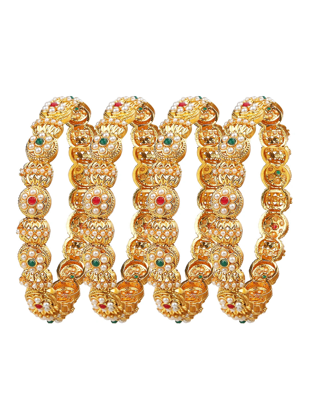 Gold Plated Multicolor Floral Pearl 4Pc Bangle