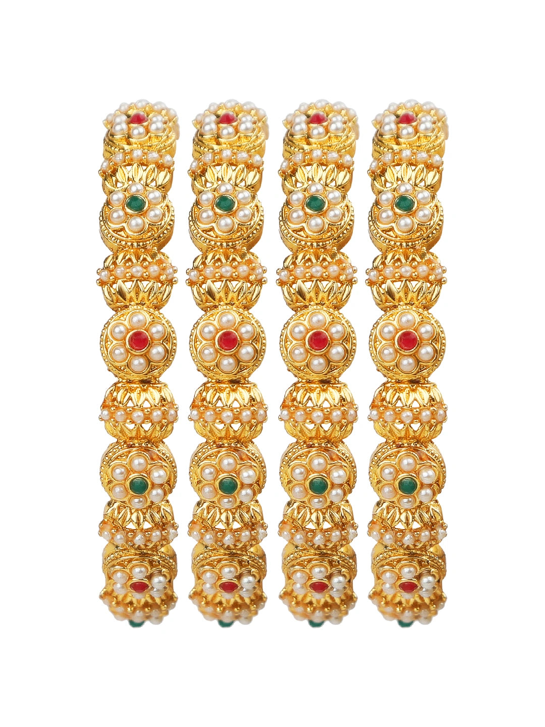 Gold Plated Multicolor Floral Pearl 4Pc Bangle