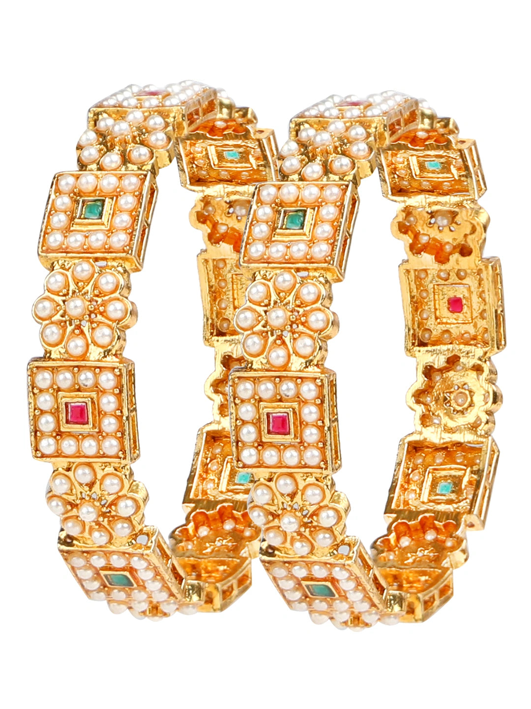 2Pc Gold Plated Floral Pearl With Pink And Green CZ Stone Bangle