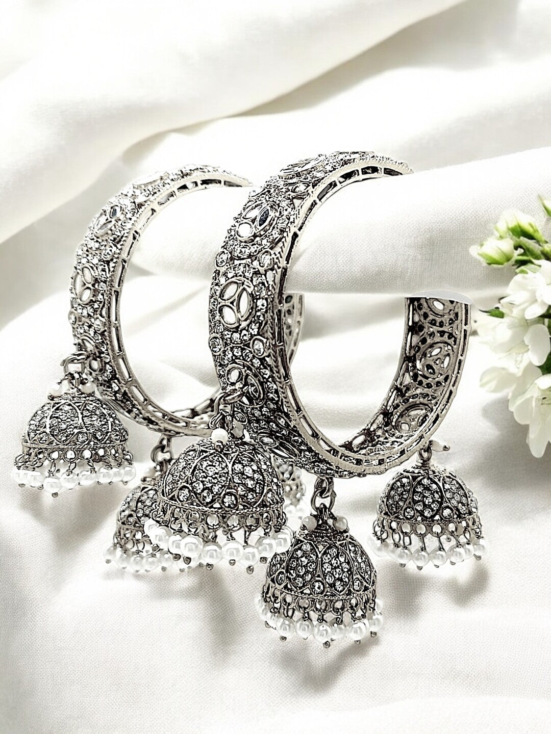 Set Of 2 Silver Plated Mirror CZ Dangler Bangle Set