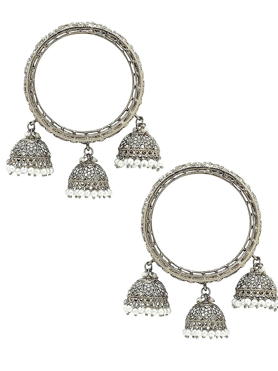 Set Of 2 Silver Plated Mirror CZ Dangler Bangle Set
