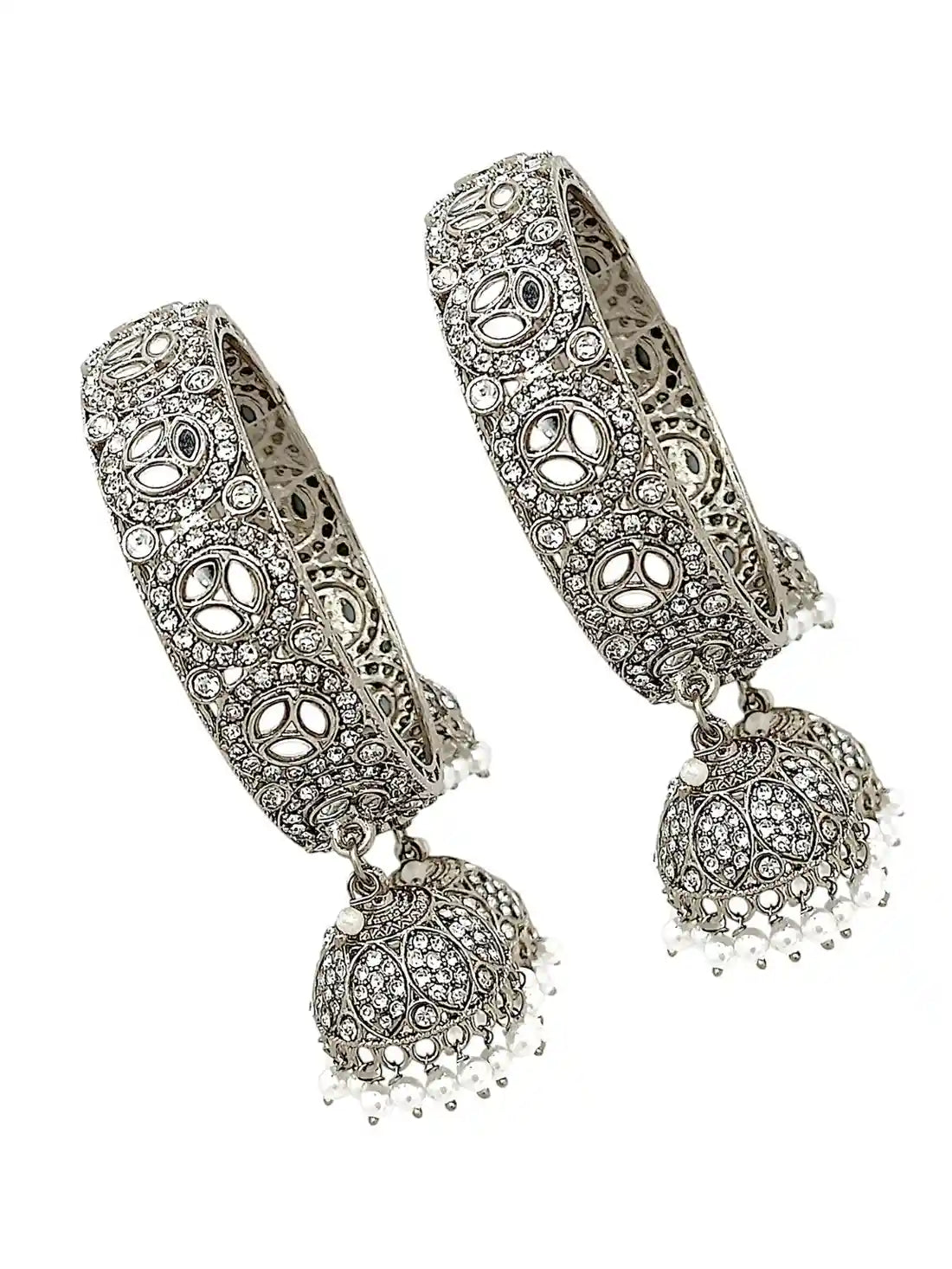 Set Of 2 Silver Plated Mirror CZ Dangler Bangle Set