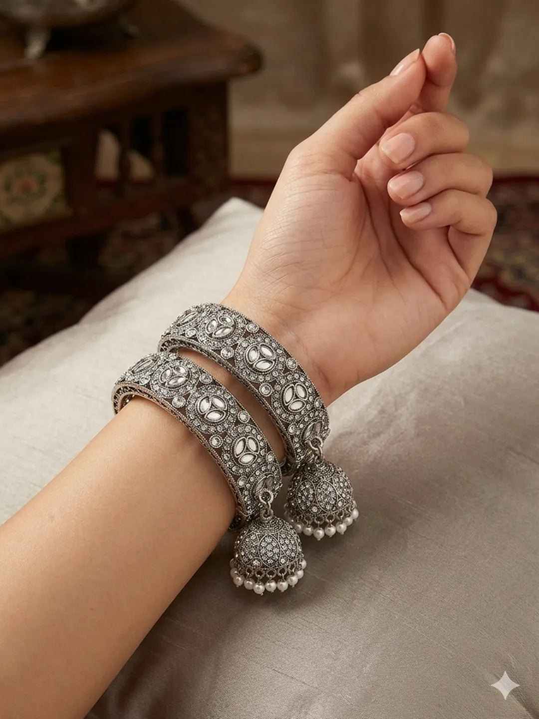 Set Of 2 Silver Plated Mirror CZ Dangler Bangle Set