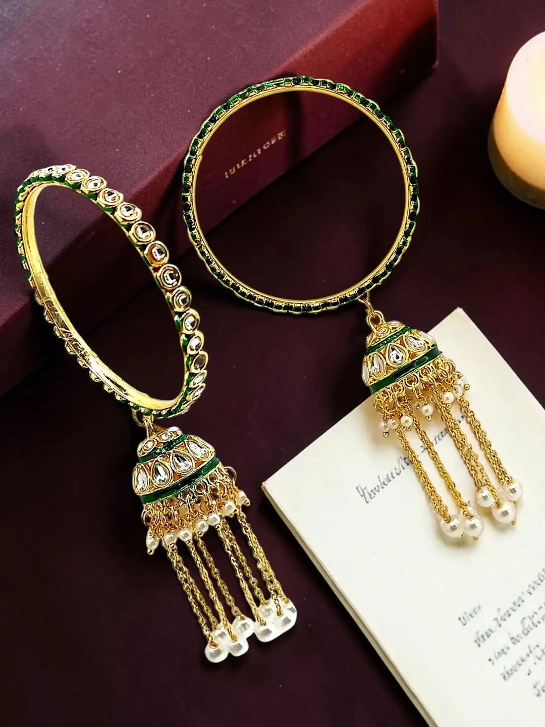 Gold Plated Set Of 2 Kundan Jhumka Bangles