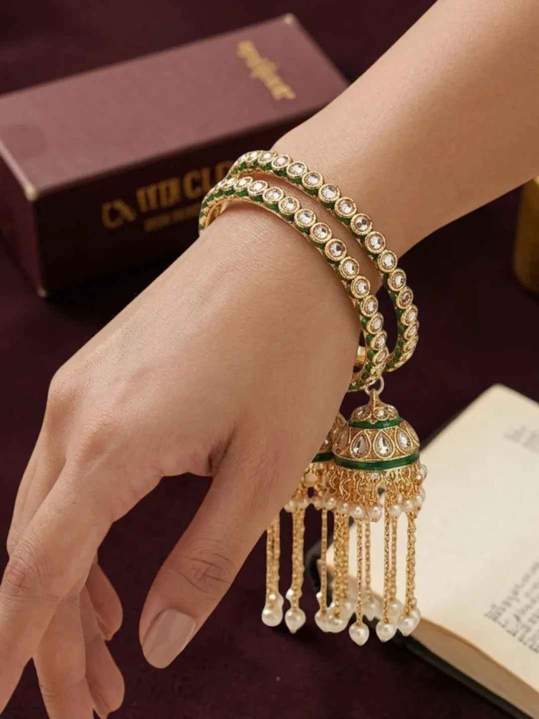 Gold Plated Set Of 2 Kundan Jhumka Bangles