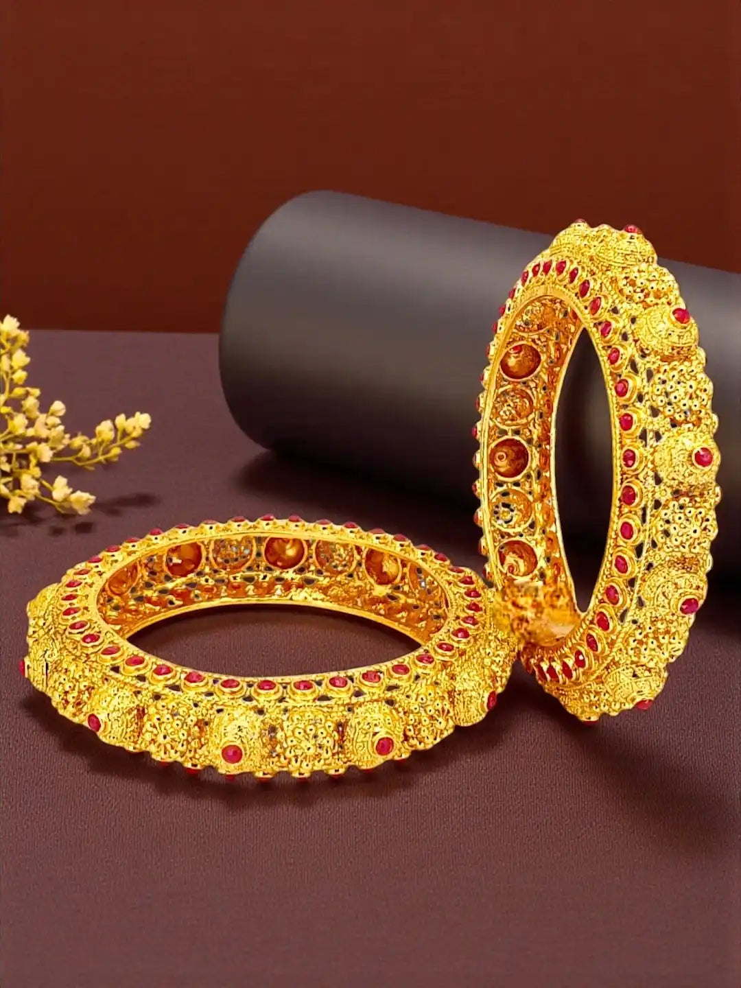 Set Of 2 Gold Plated Red Stone Handmade Bangles