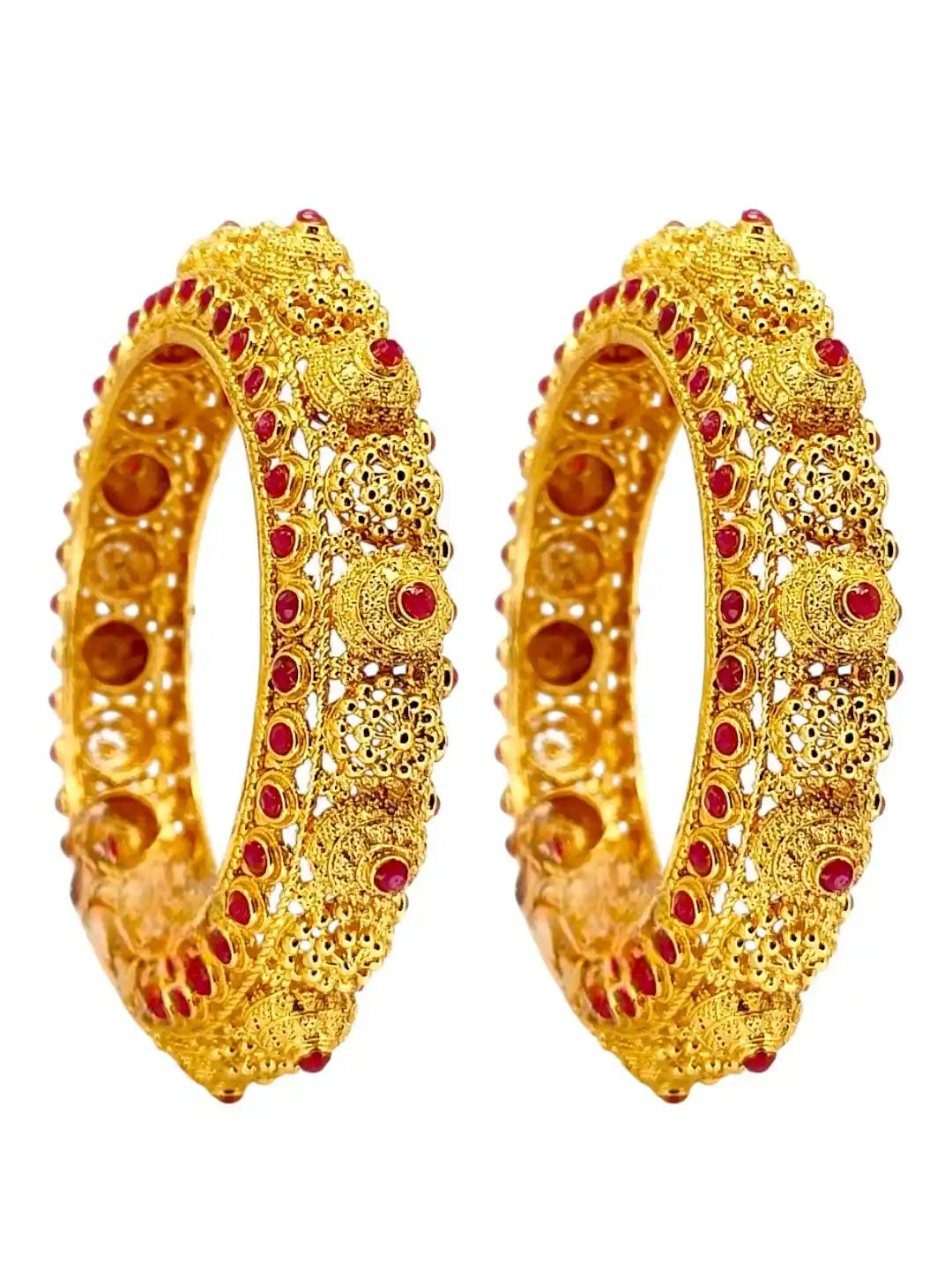 Set Of 2 Gold Plated Red Stone Handmade Bangles