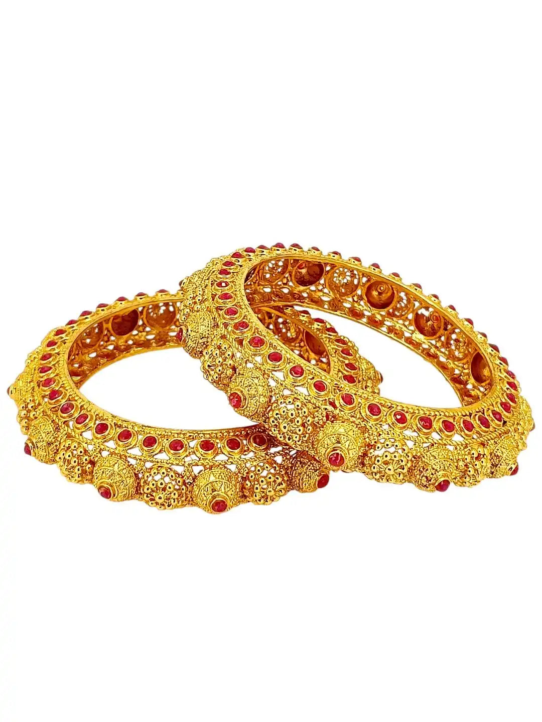 Set Of 2 Gold Plated Red Stone Handmade Bangles